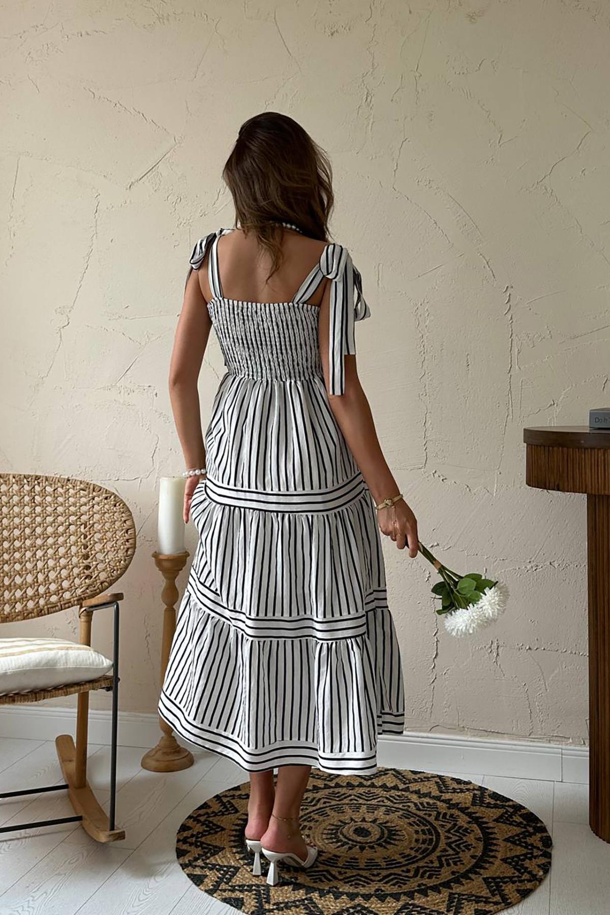 Toptan Siyah Omuzdan Bağlamalı Çizgili Elbise