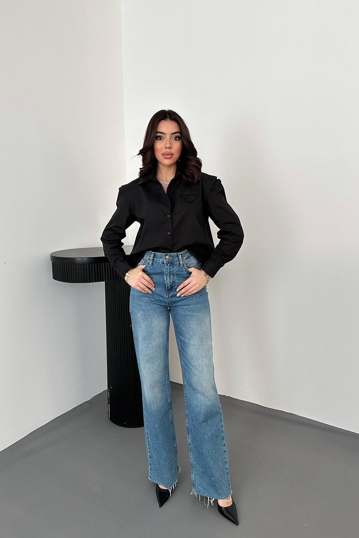 Toptan Siyah Peto Cepli Poplin Gömlek