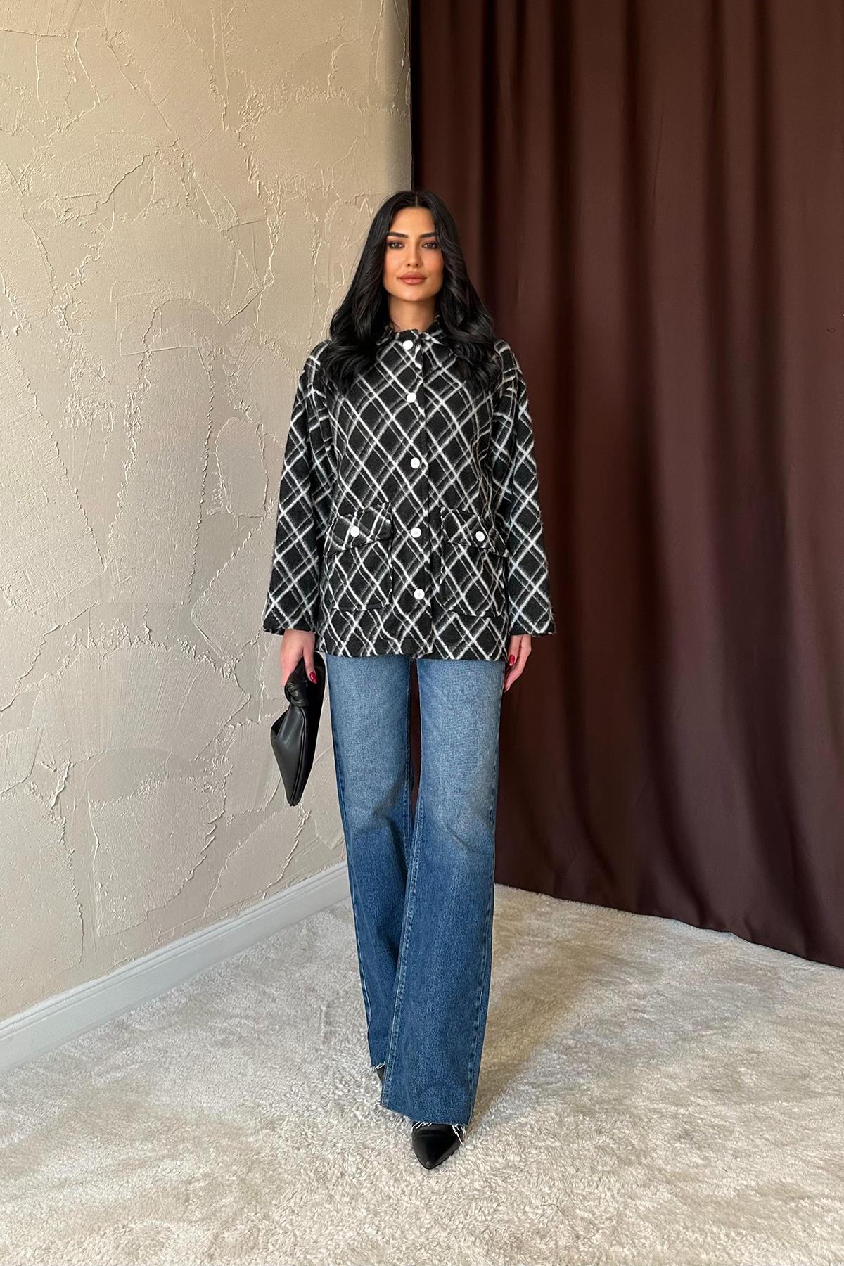 Toptan Siyah Polar Baklava Ekose Ceket Siyah L/XL