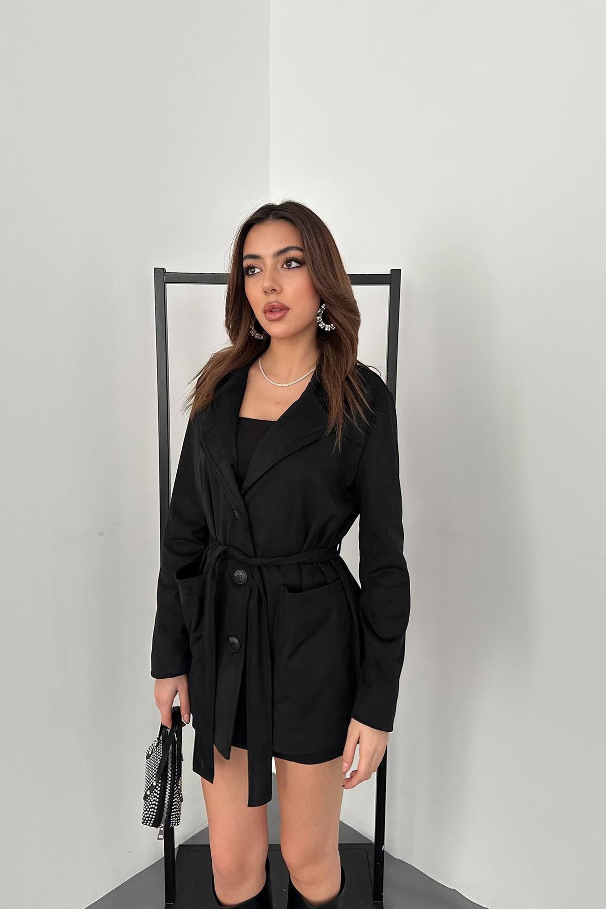 Siyah Süet Bağlamalı Ceket