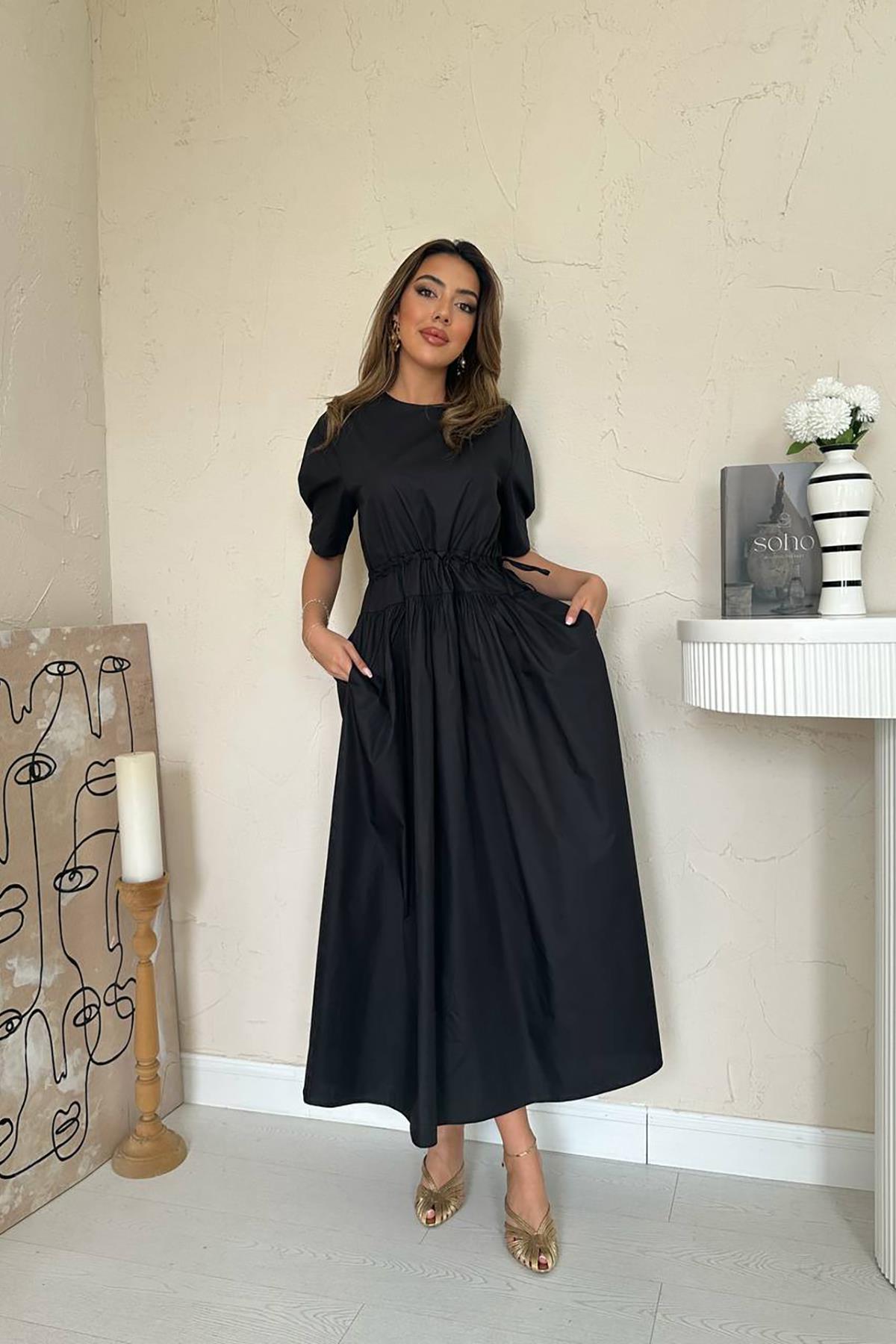 Toptan Siyah Tünel Detay Poplin Elbise Siyah L