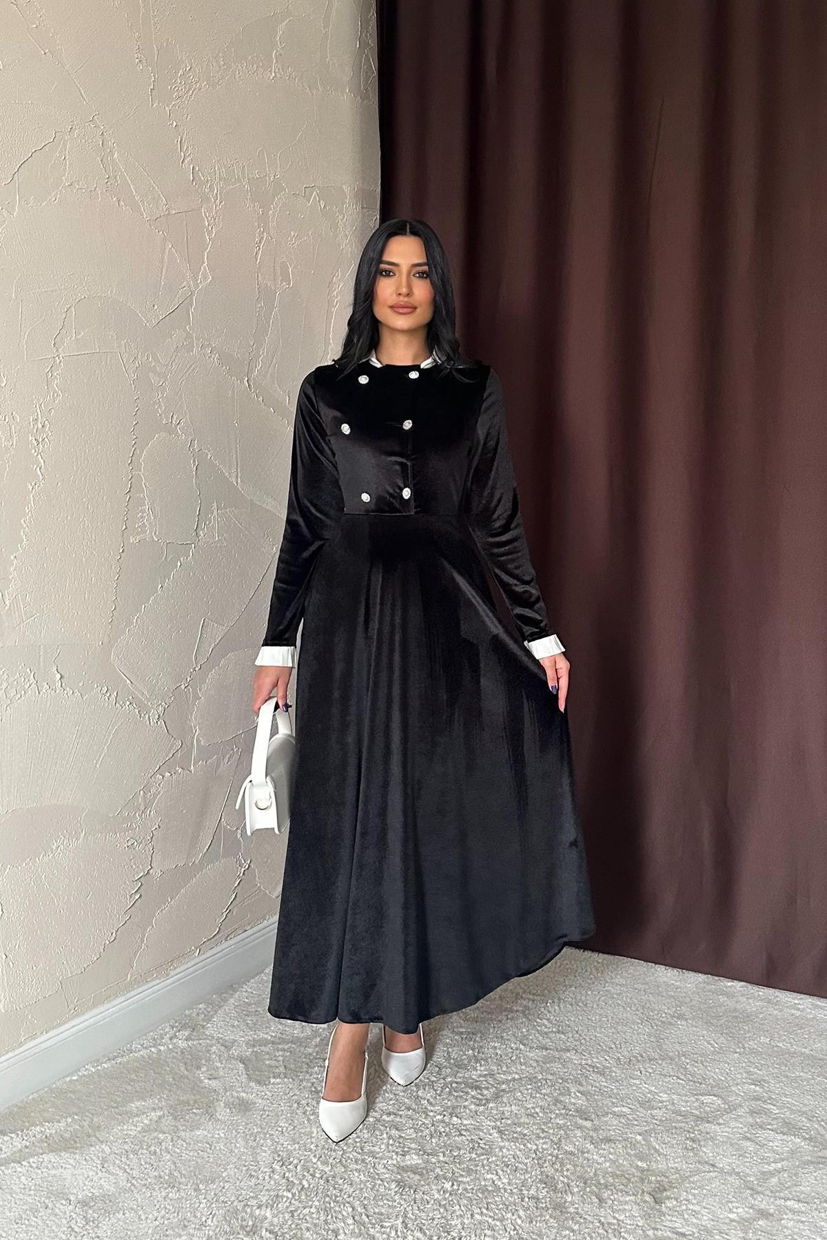 Toptan Siyah Yakası Taşlı Garnili Kadife Elbise