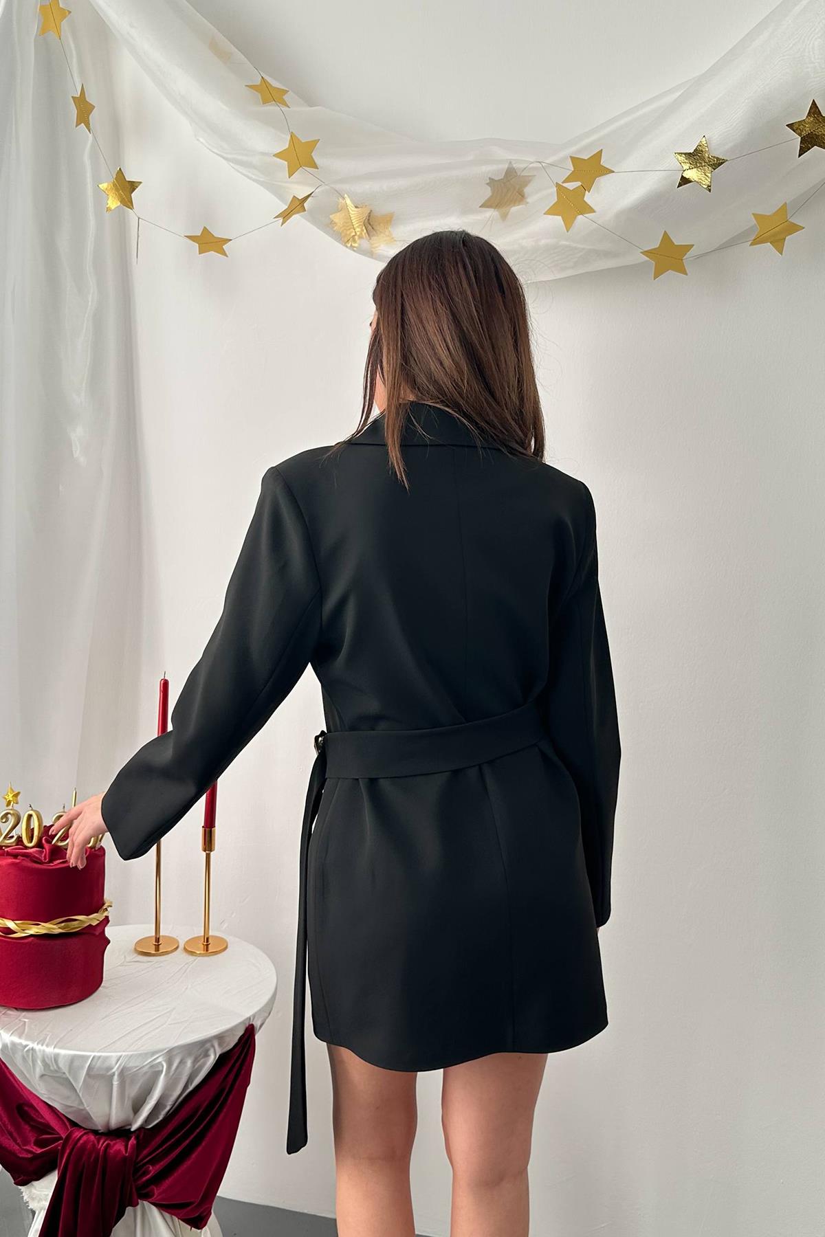 Toptan Siyah Yandan Tokalı Ceket Elbise