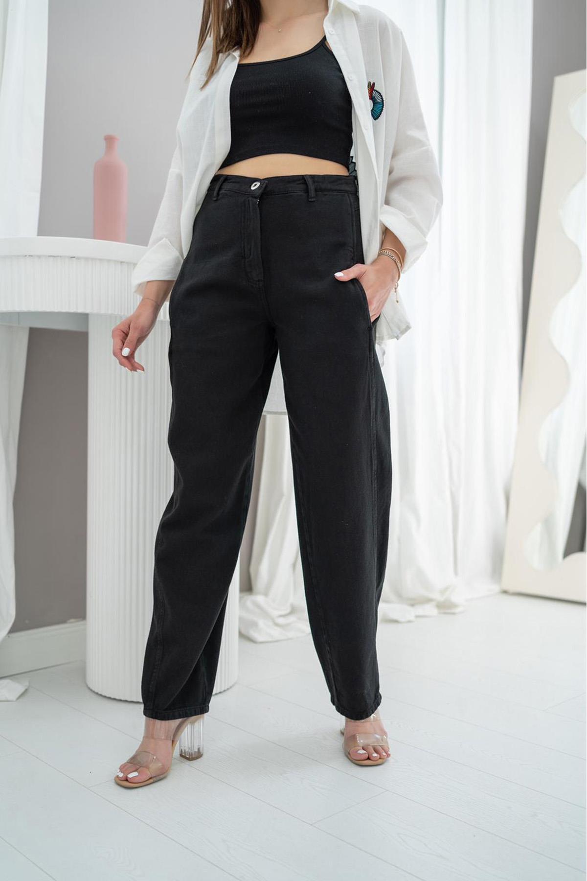 Toptan Siyah Yüksek Bel Pantolon Siyah L