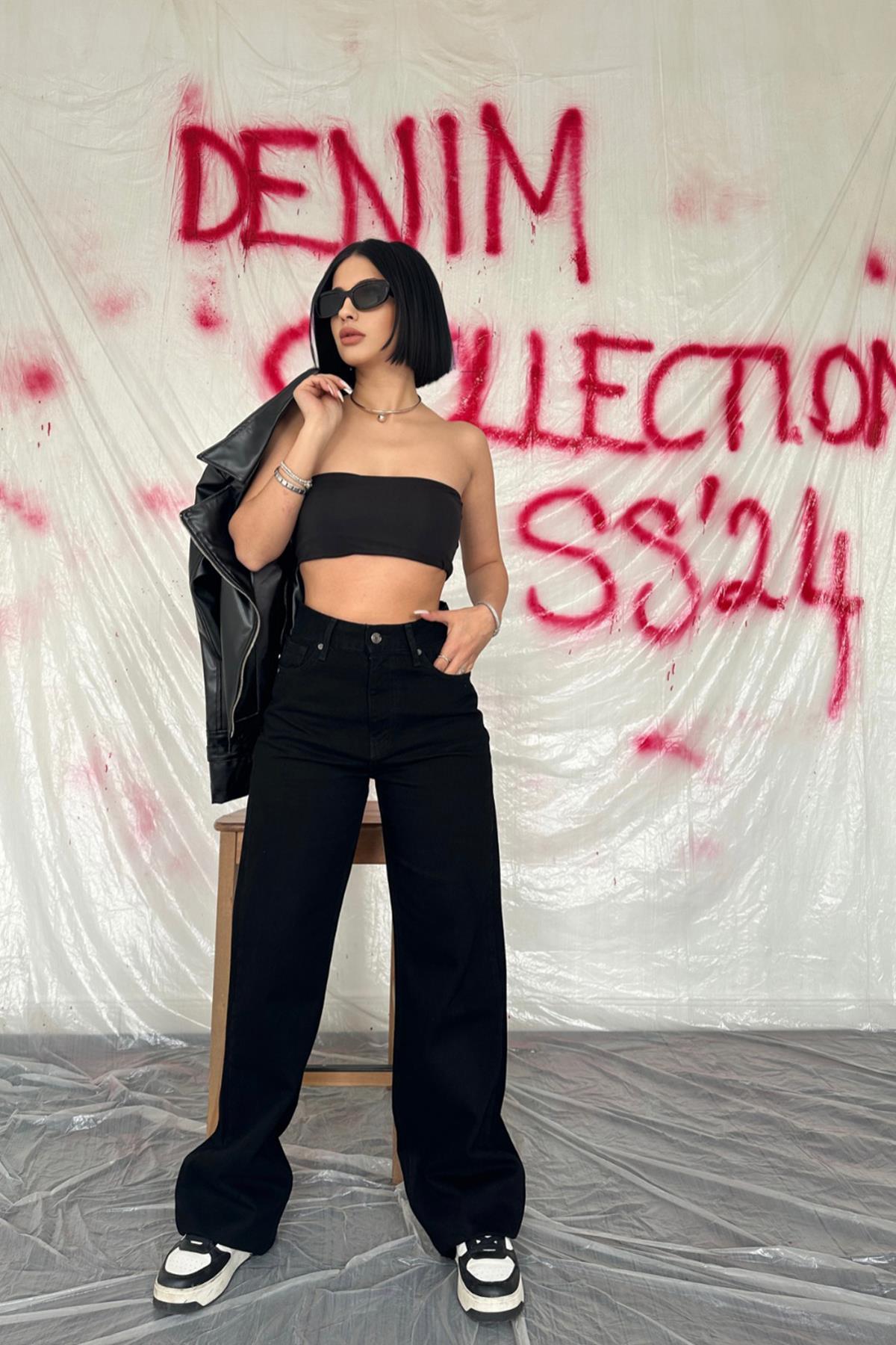 Toptan Siyah Yüksek Bel Ve Geniş Paça Jeans Pantolon Siyah L