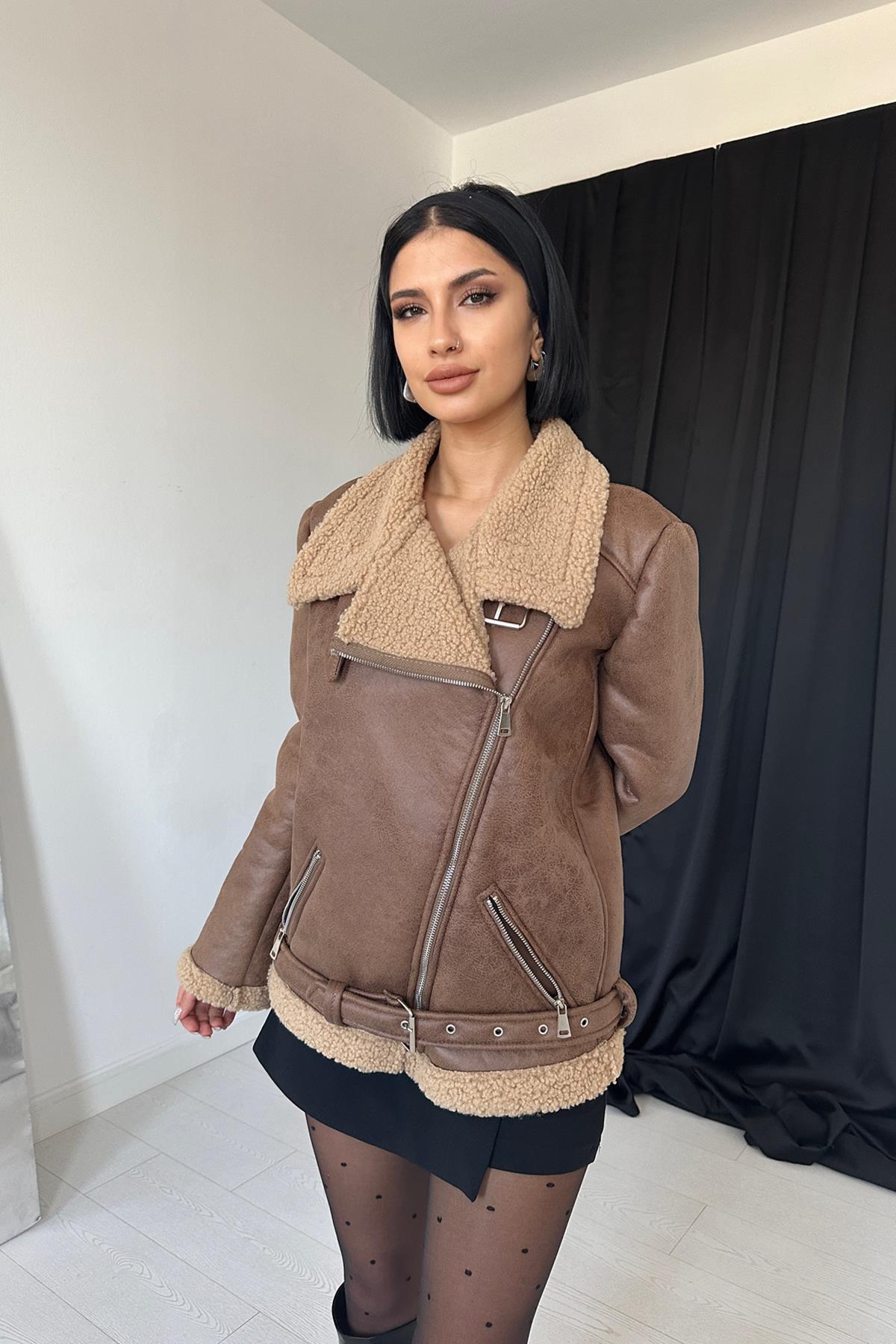 Toptan Taba Apoletli Kürklü Ceket Taba L