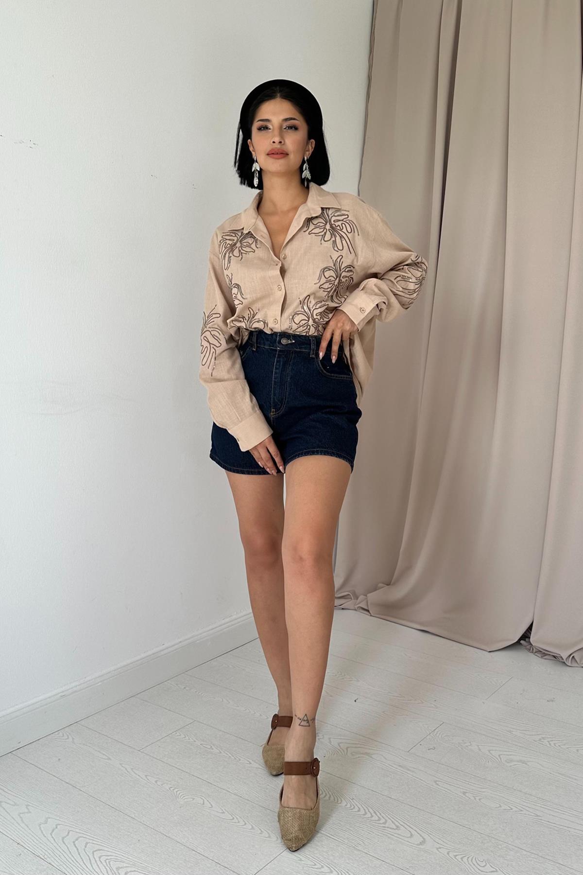 Toptan Vizon Flamlı Keten Nakışlı Pullu Gömlek