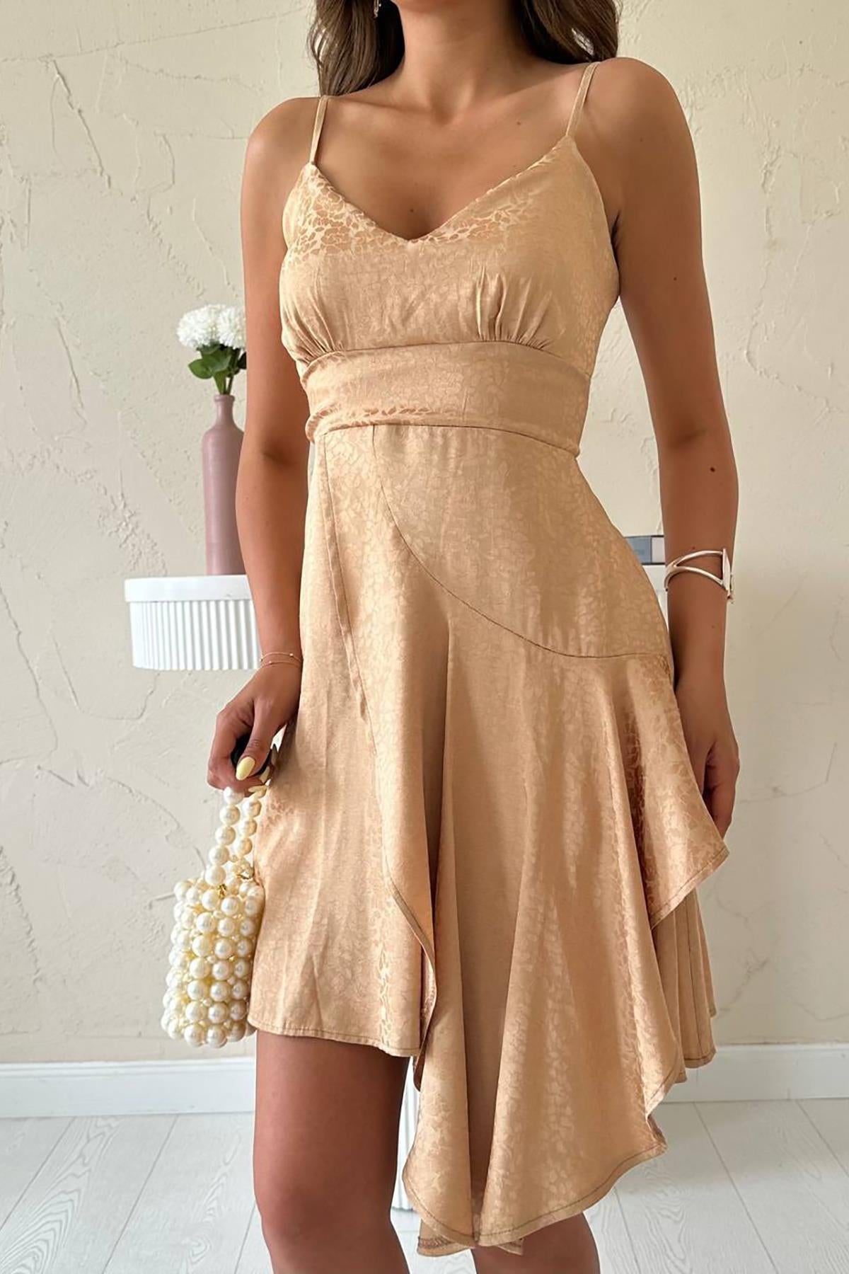 Toptan Vizon Jakarlı Asimetrik Elbise