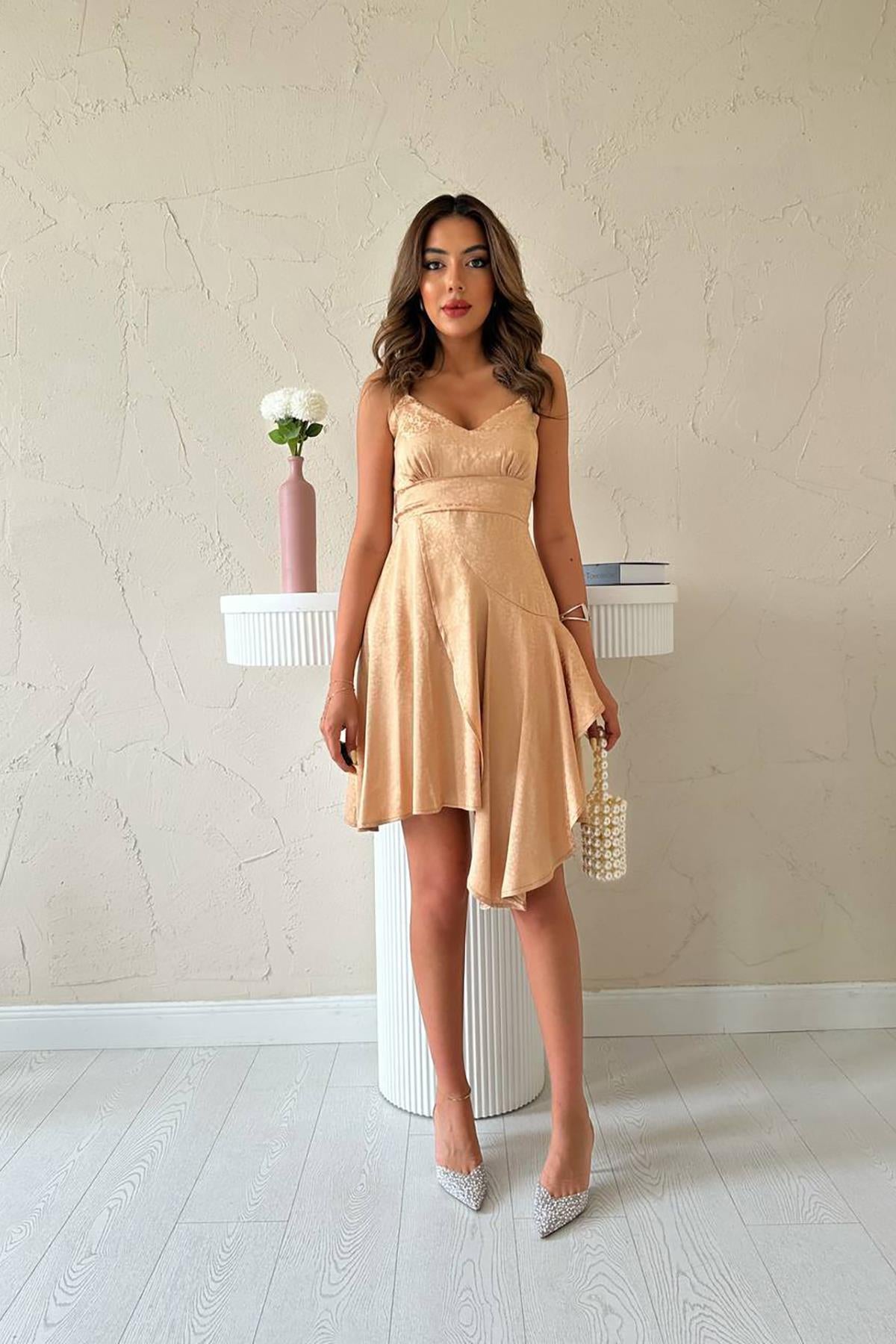 Toptan Vizon Jakarlı Asimetrik Elbise