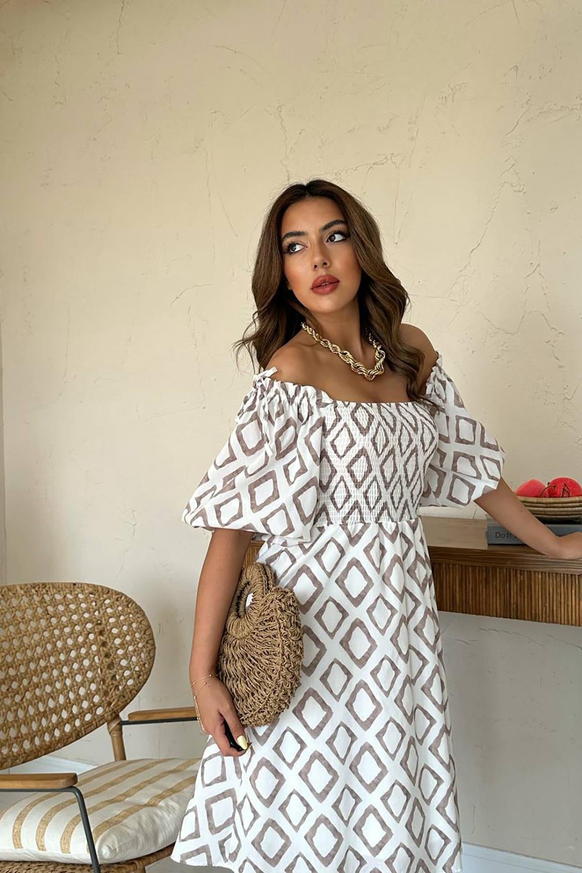 Toptan Vizon Kare Desenli Yazlık Elbise