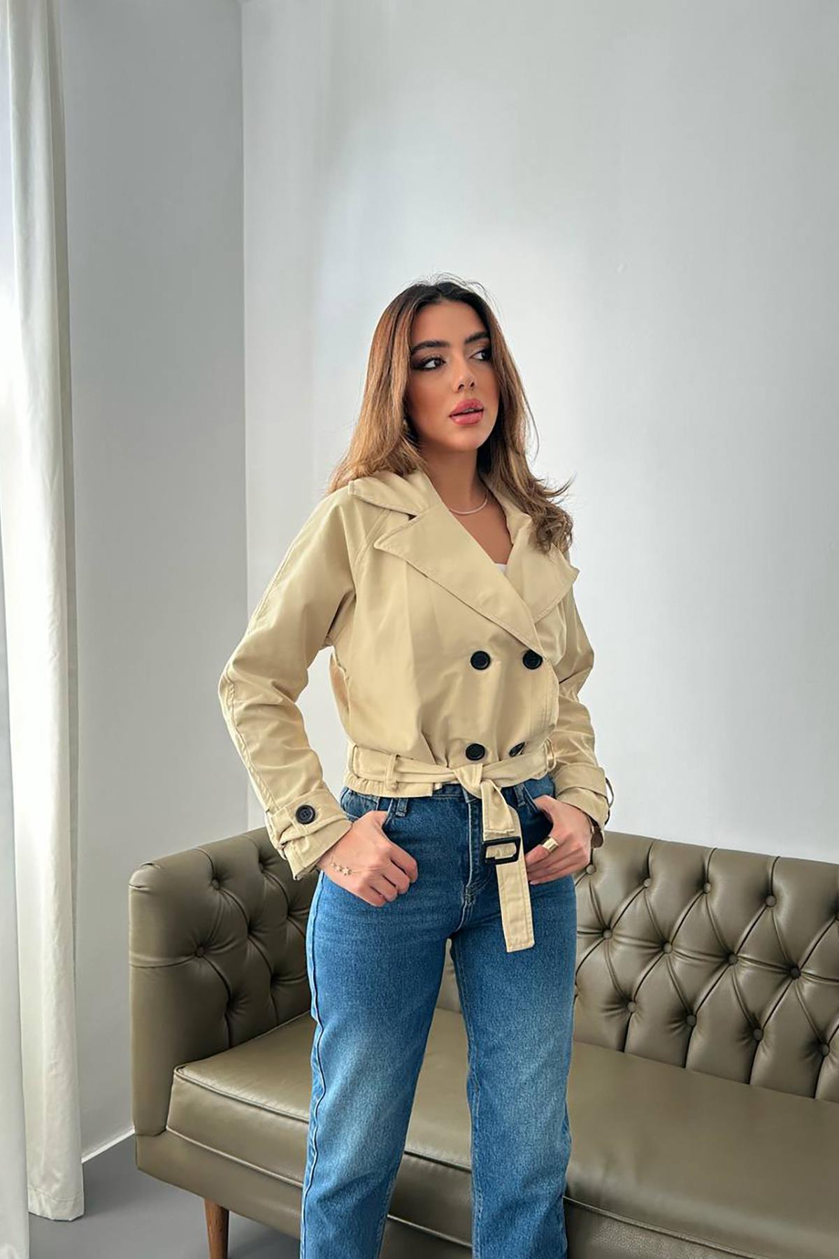 Toptan Vizon Kemerli Kısa Trech Ceket Vizon L