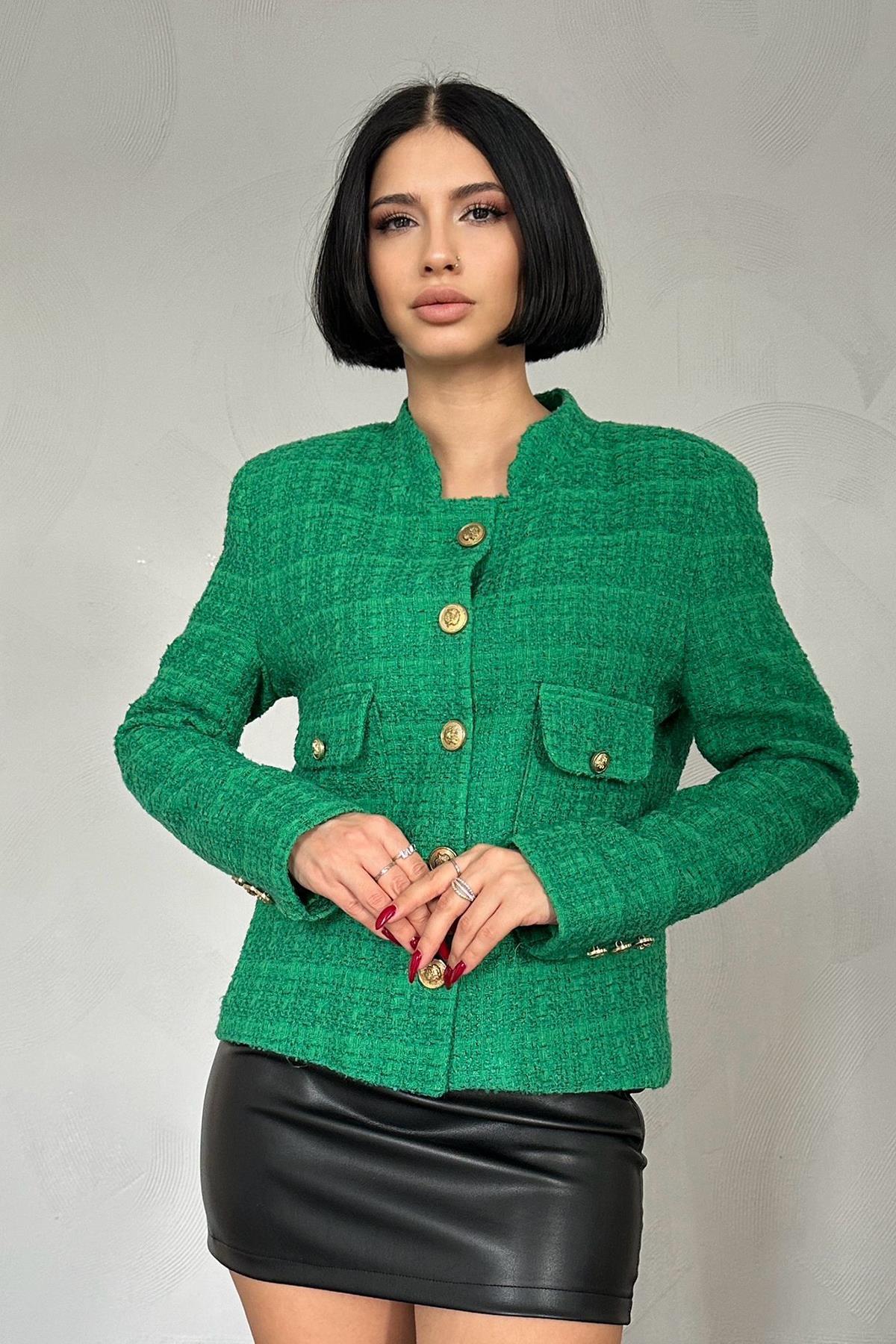 Toptan Yeşil Gold Düğmeli Tüvit Ceket Yeşil L