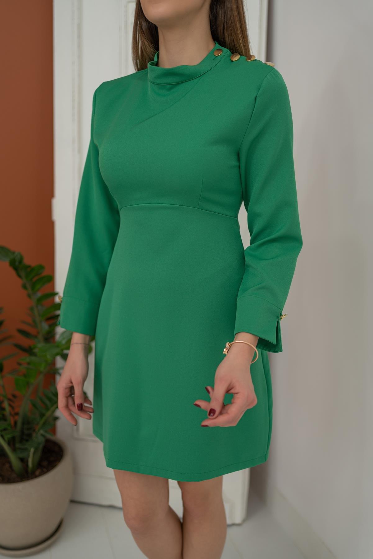 Toptan Yeşil Omuzu Düğmeli Elbise
