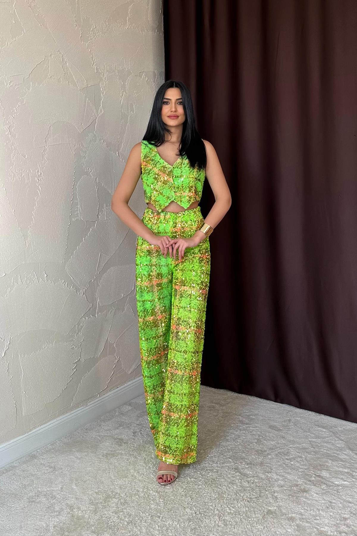 Toptan Yeşil Pullu Yelek Ve Pantolon Takım Yeşil L