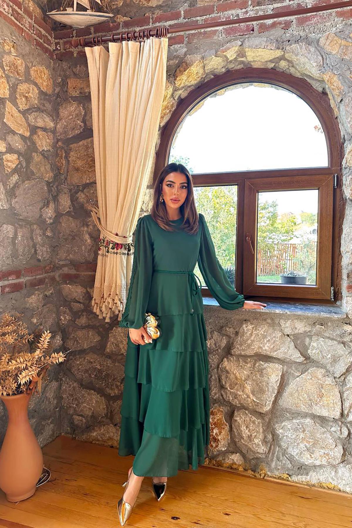 Toptan Zümrüt Kat Kat Şifon Elbise Zümrüt L