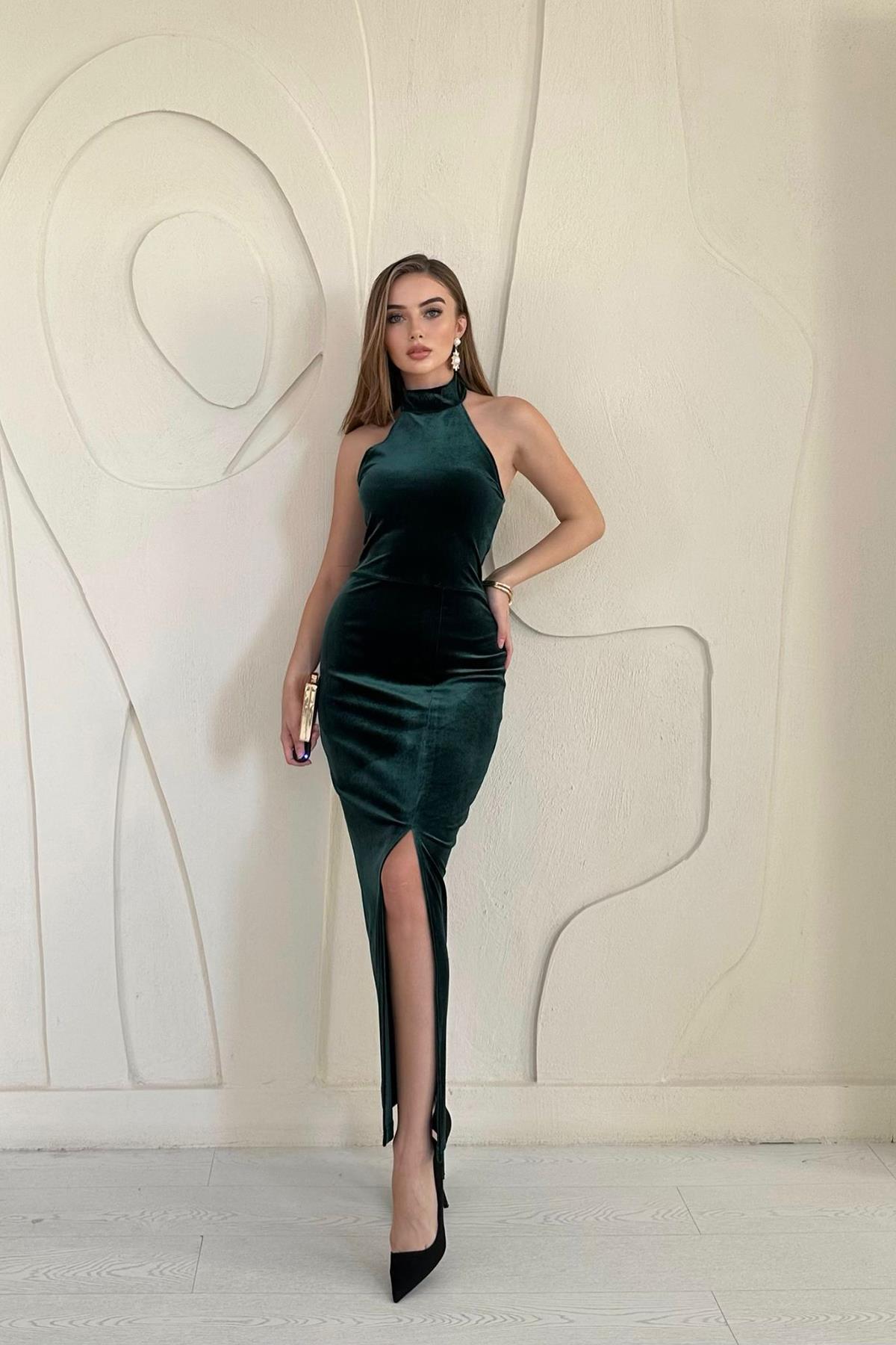 Toptan Zümrüt Omzu Açık Kadife Elbise Zümrüt L