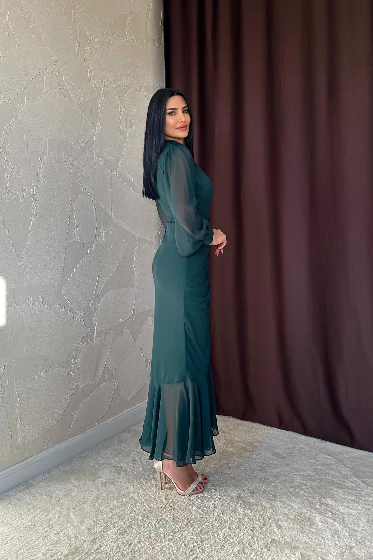 Toptan Zümrüt Önü Büzgülü Şifon Elbise