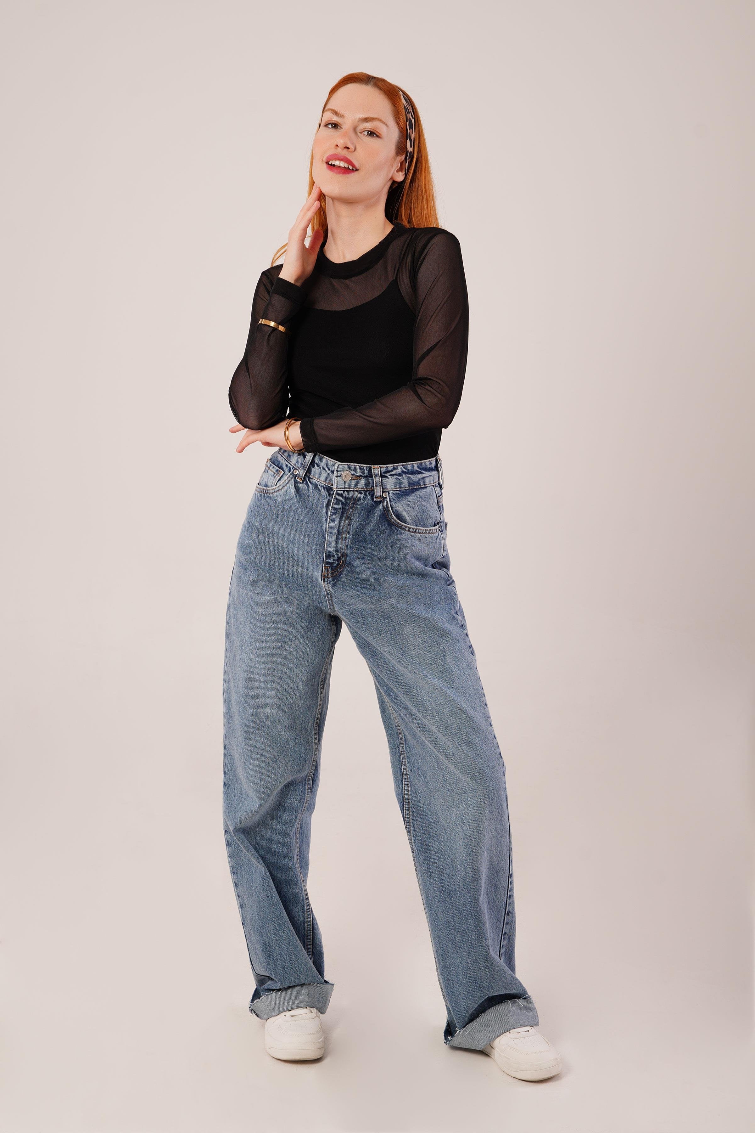 Transparan Siyah Toptan Tül Basic Bluz