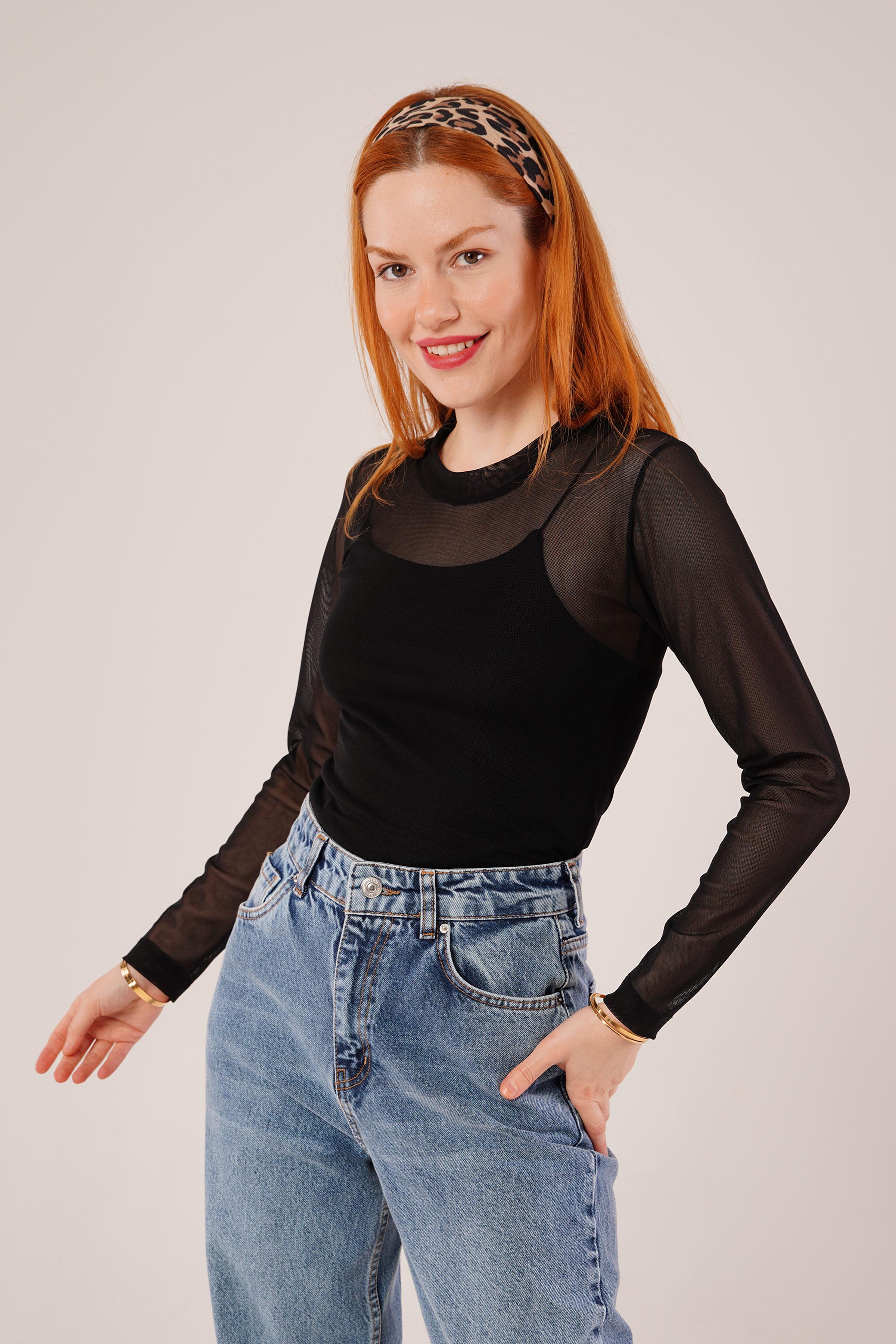Transparan Siyah Toptan Tül Basic Bluz Siyah S