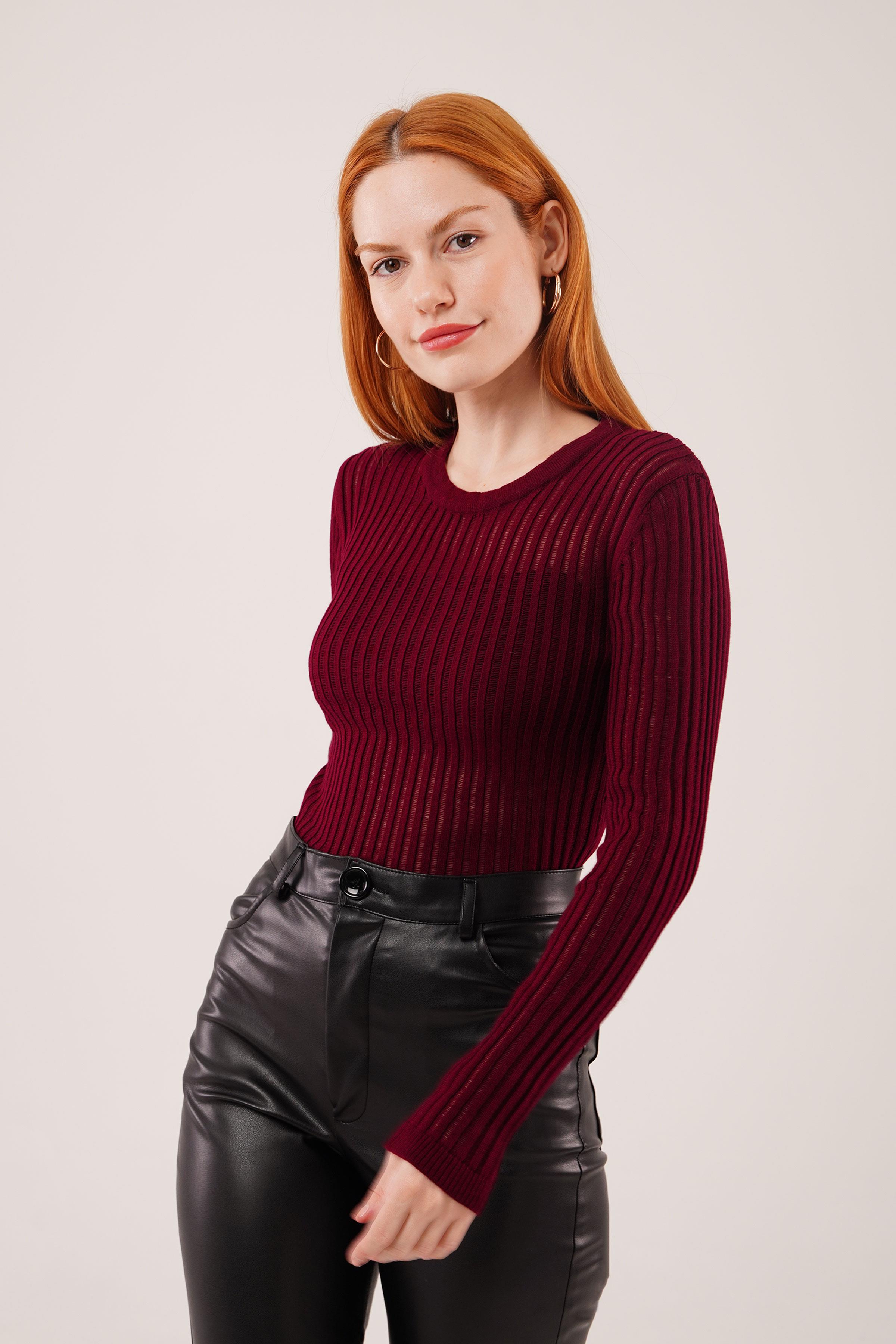 Transparan Uzun Kol Toptan Kırmızı Bluz Bordo STD