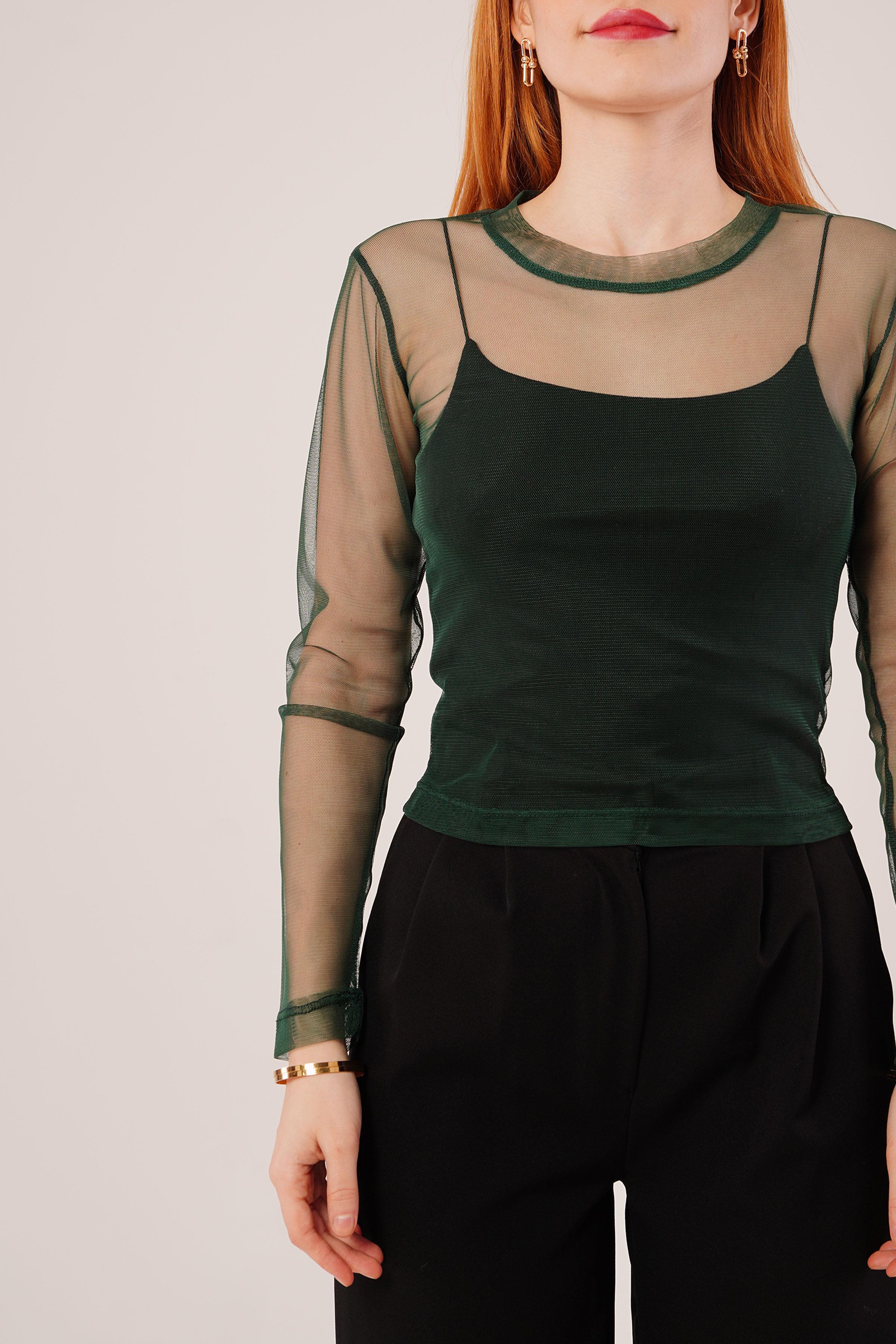 Transparan Yeşil Toptan Tül Basic Bluz