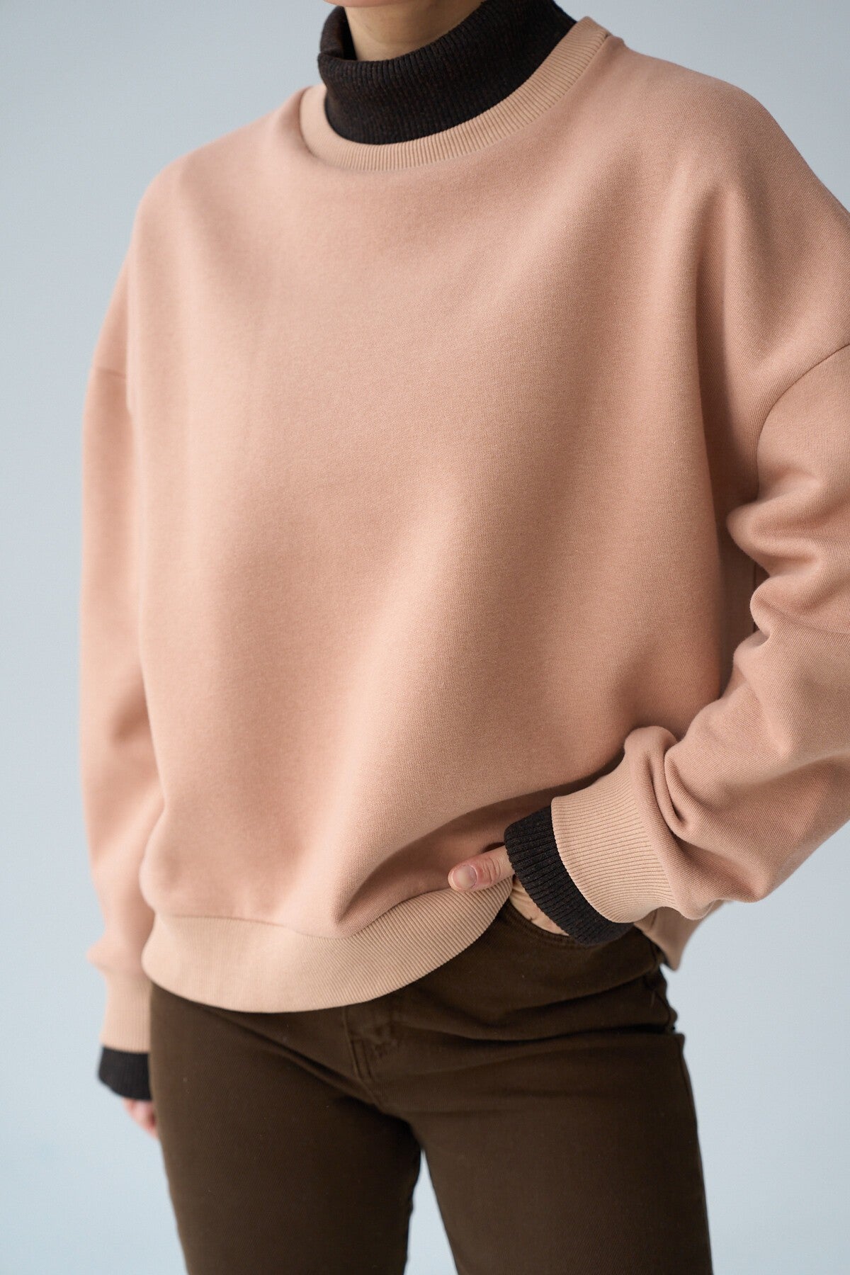 Süt Kahve Triko Parçalı SweatShirt