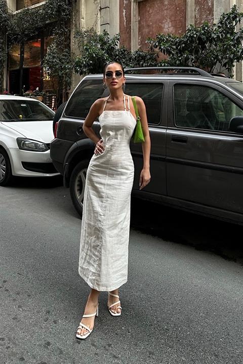 Trisha Sırt Dekolteli Keten Elbise 2496-20 ELBİSE EKRU L
