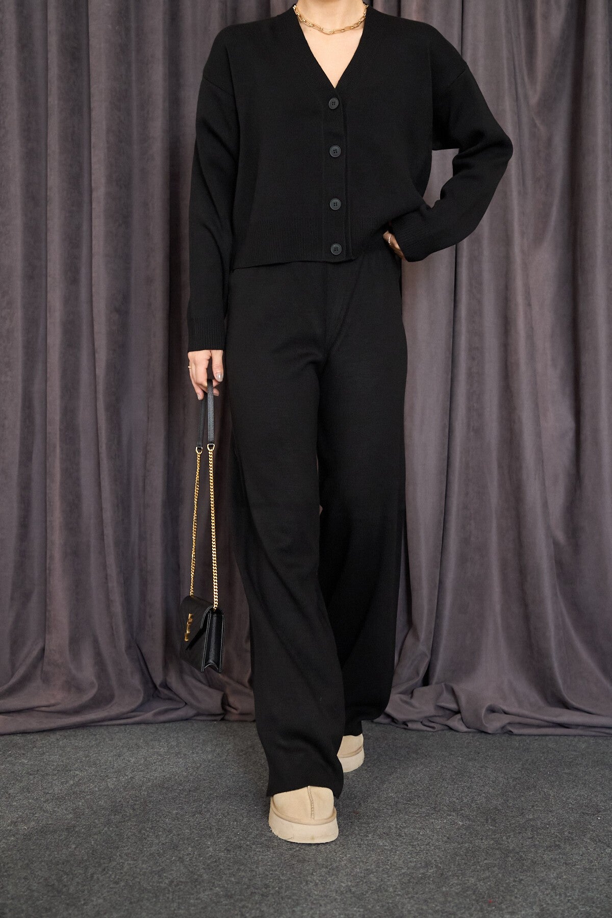 Black Long-Sleeve Buttoned Cardigan Set