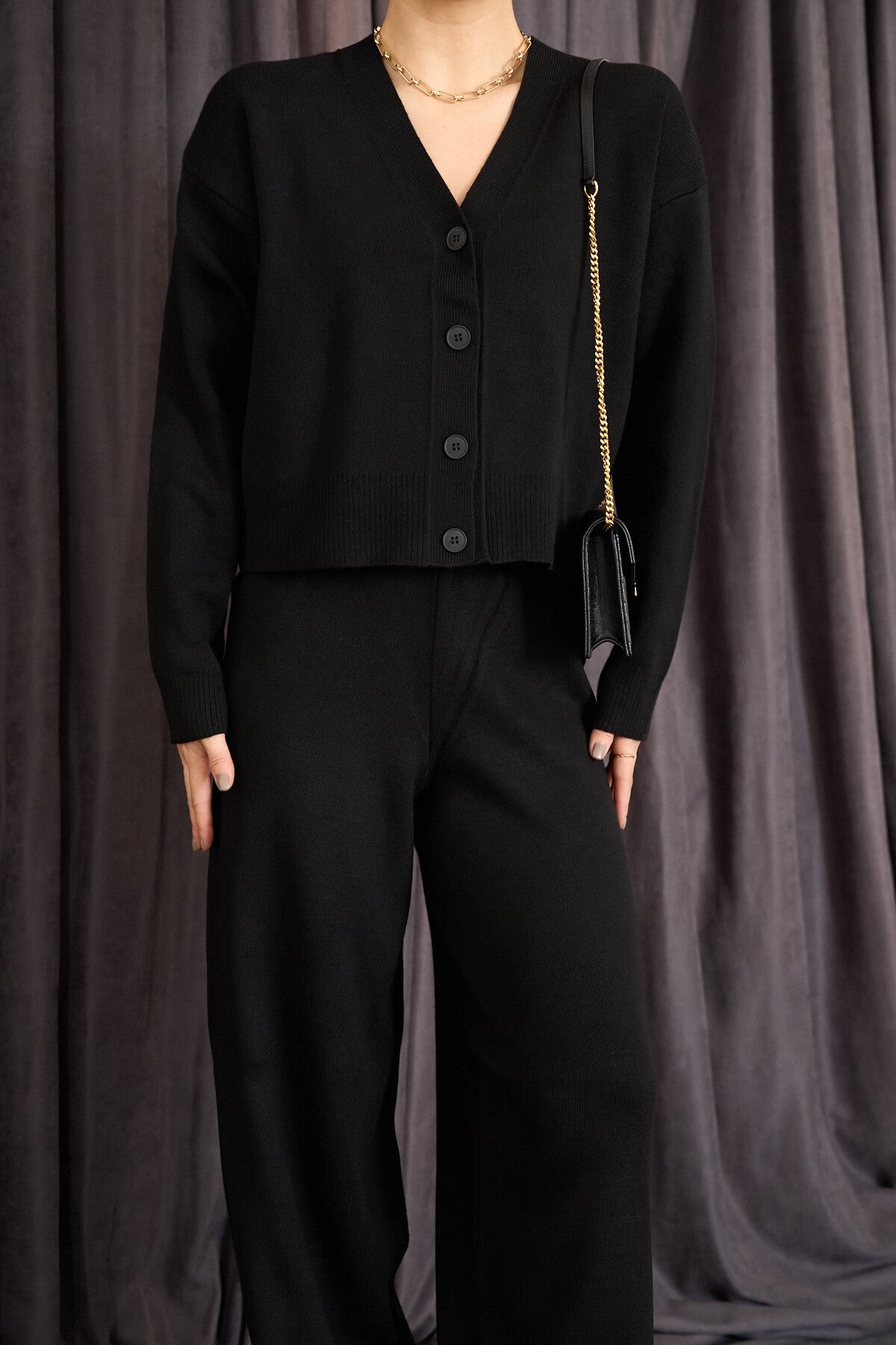 Black Long-Sleeve Buttoned Cardigan Set