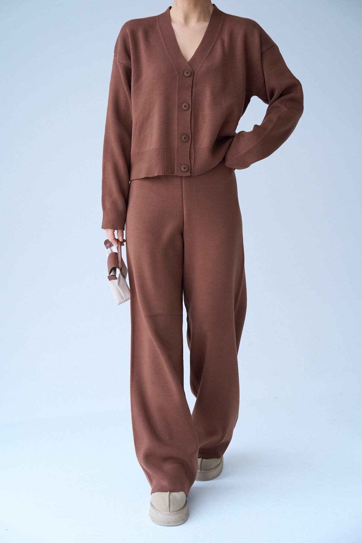 Milk Coffee Long Sleeve Buttoned Cardigan Set