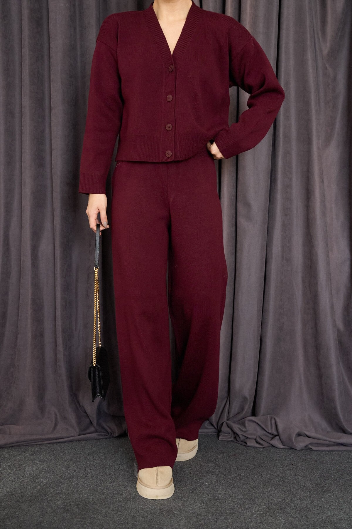 Bordeaux Long-Sleeve Buttoned Cardigan Set