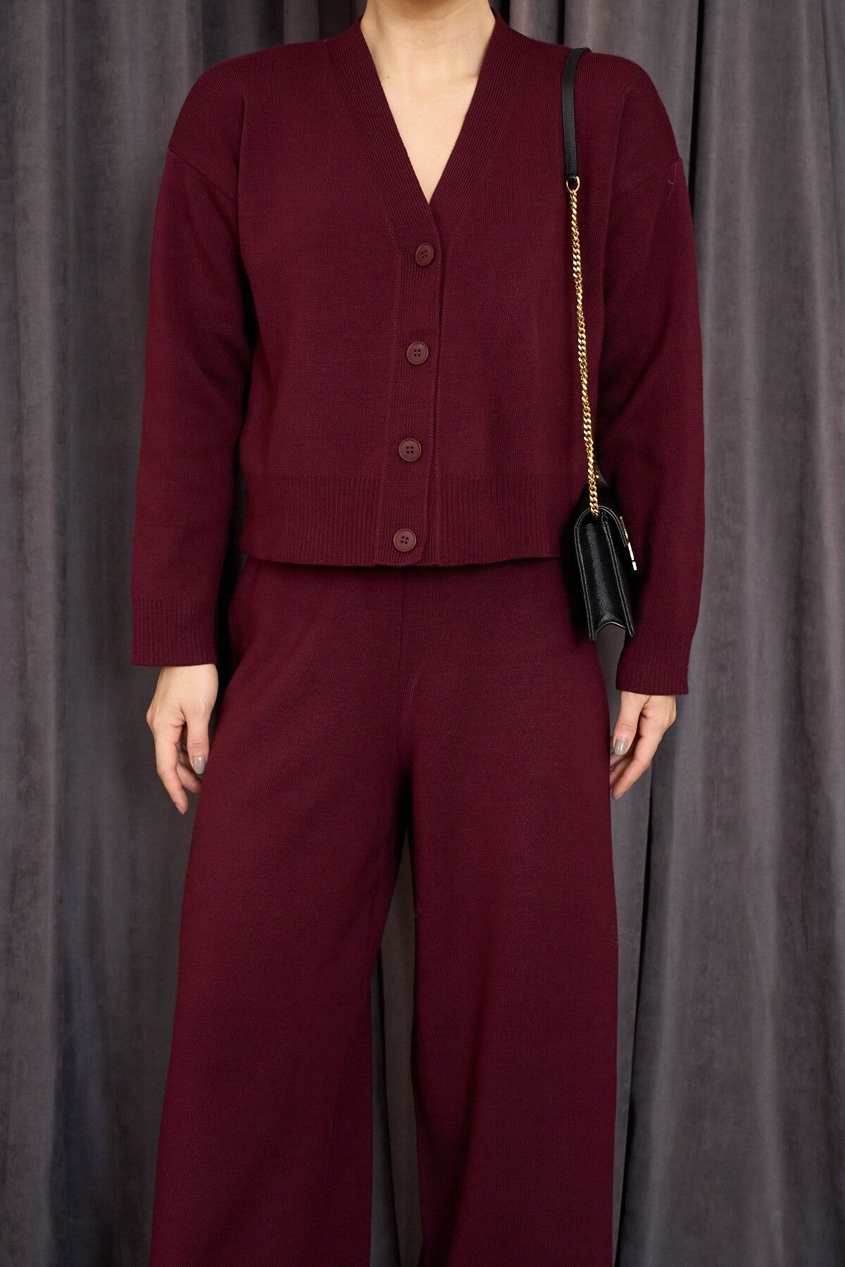 Bordeaux Long-Sleeve Buttoned Cardigan Set