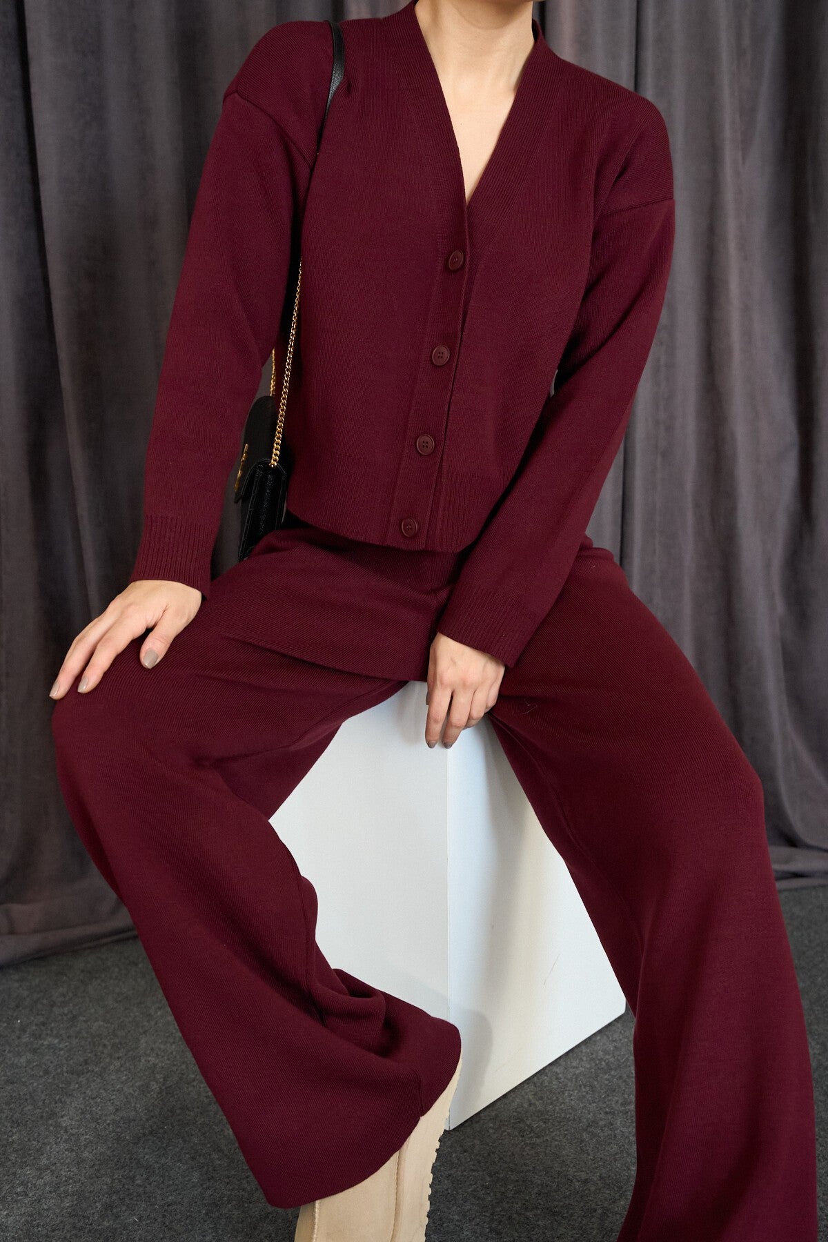 Bordeaux Long-Sleeve Buttoned Cardigan Set