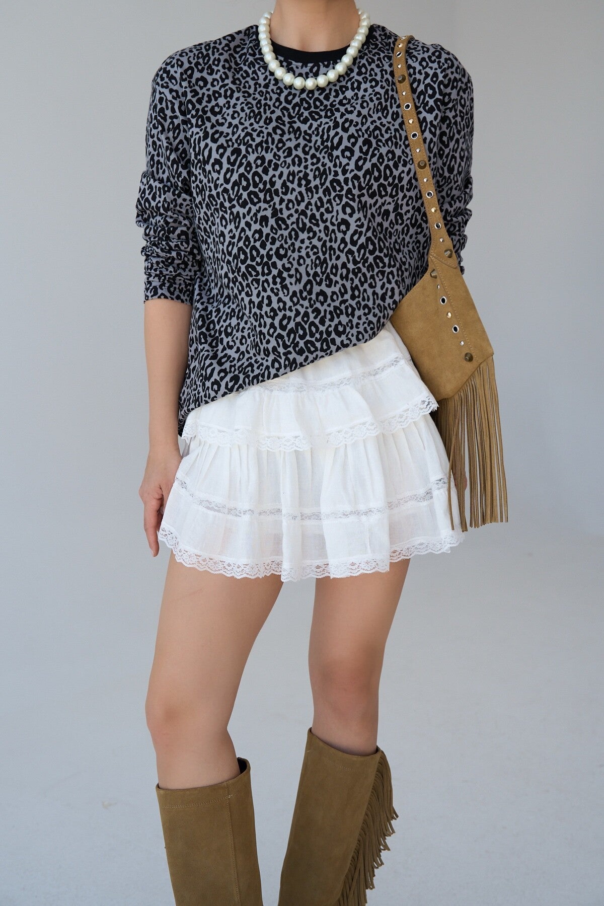 Grey Long Sleeve Leopard T-Shirt