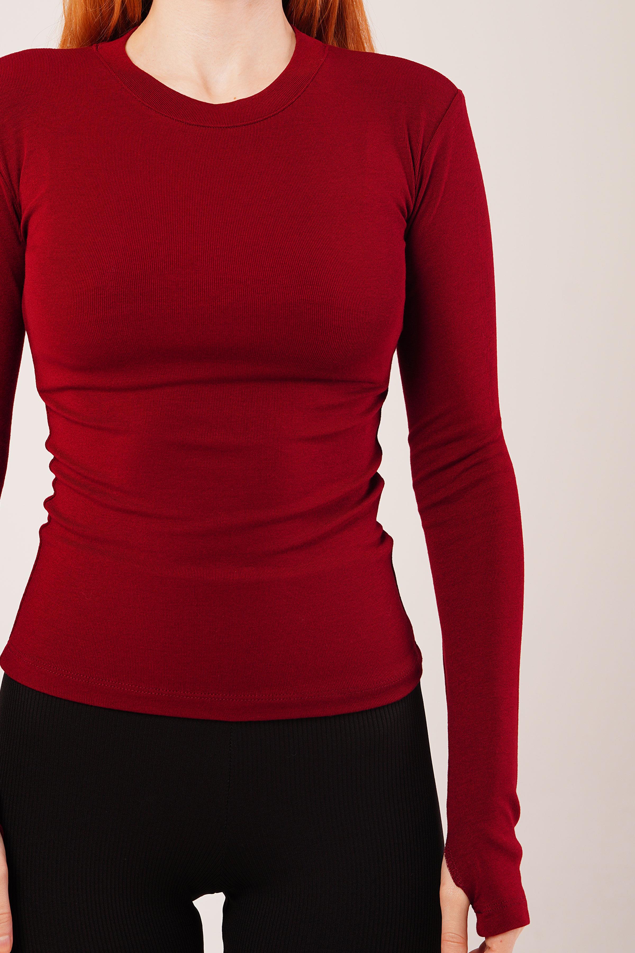 Uzun Kollu Basic Bordo Toptan Bluz