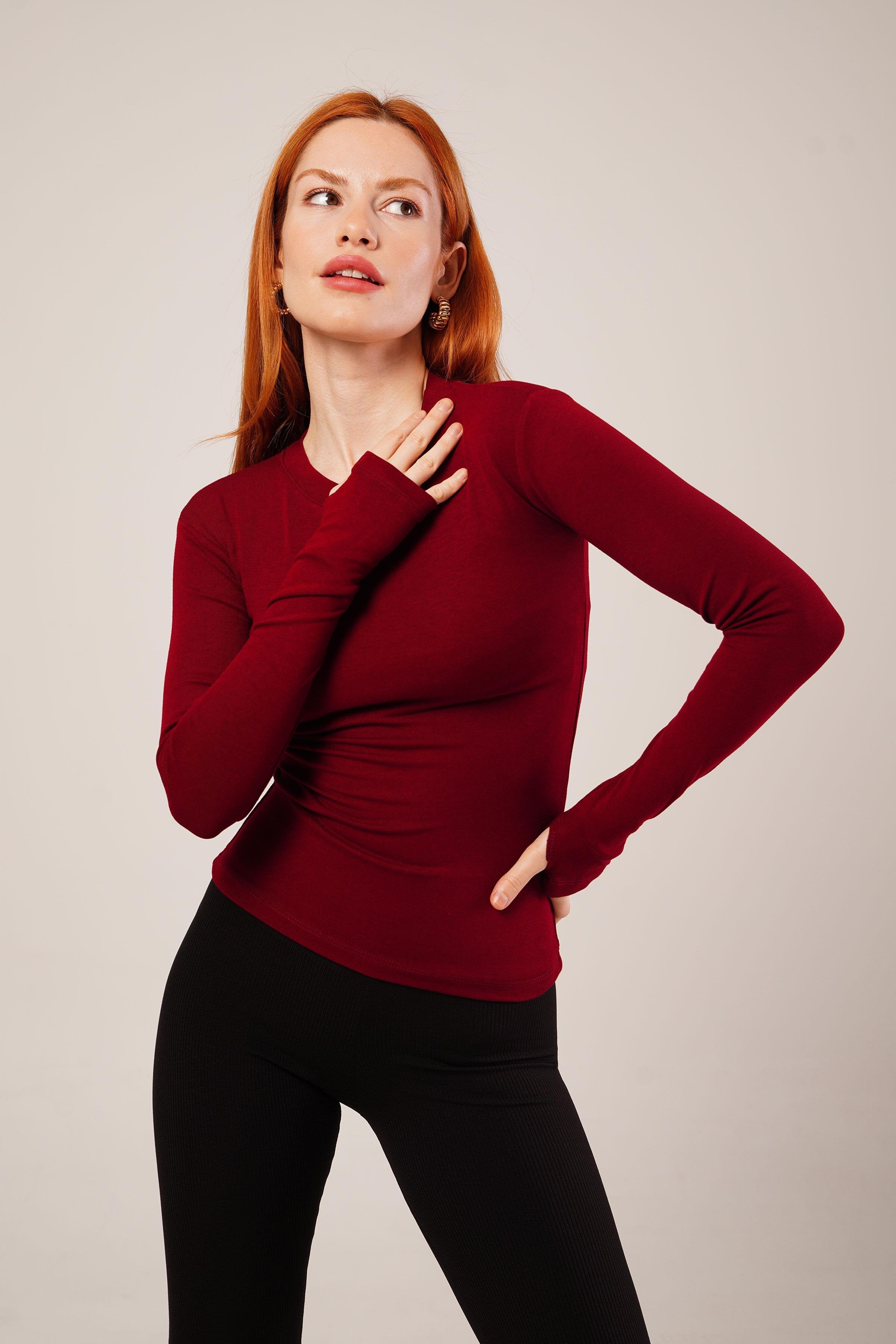 Uzun Kollu Basic Bordo Toptan Bluz Bordo S