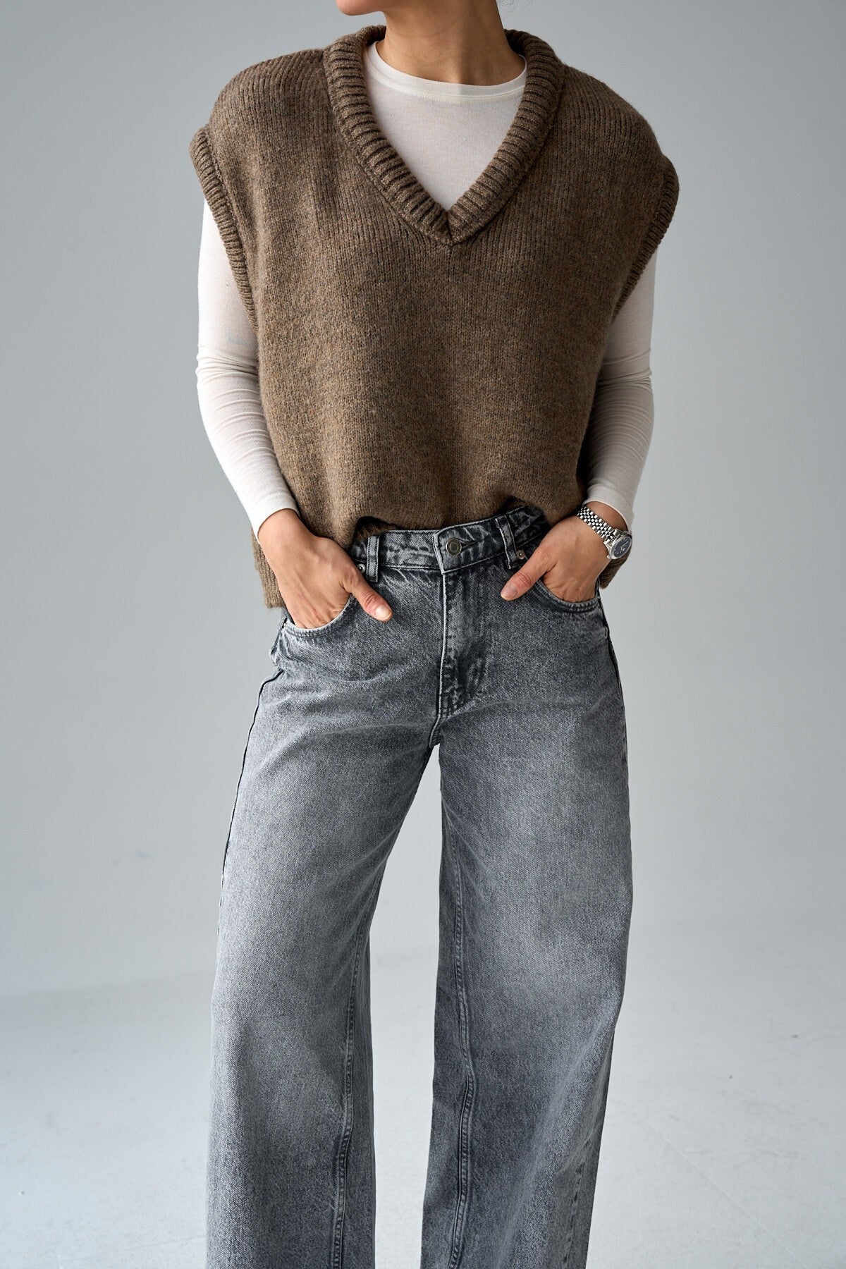 Dark Mink V-Neck Plain Sweater