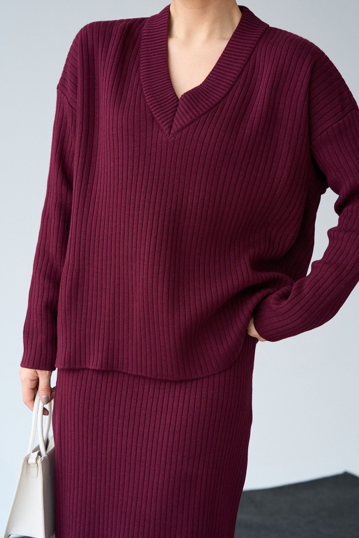 Burgundy V-Neck Sweater Skirt Set