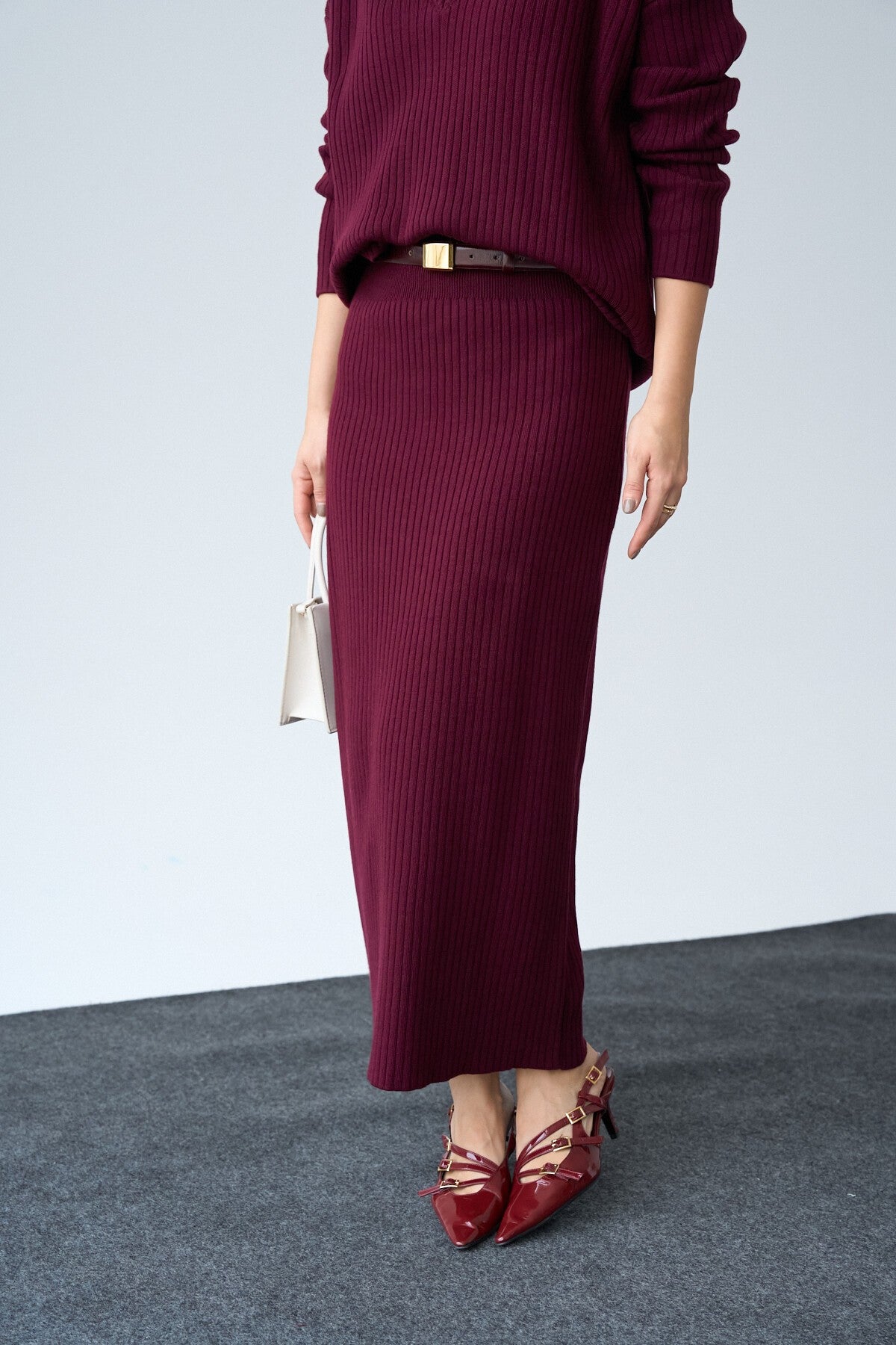Burgundy V-Neck Sweater Skirt Set