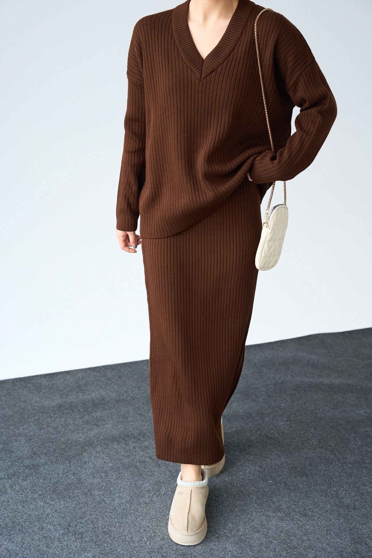 Bitter Coffee V-Neck Sweater Skirt Set