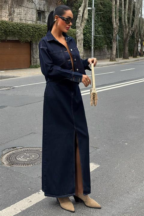 Veronika Yırtmaçlı Denim Takım 9913 KOYU MAVİ L