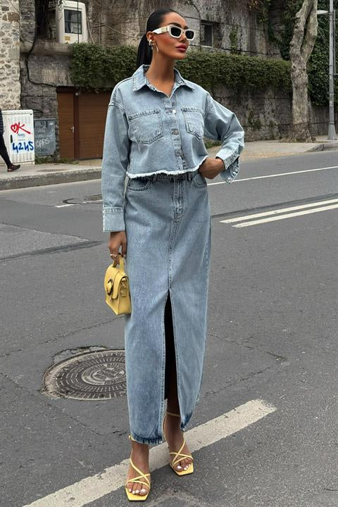 Veronika Yırtmaçlı Denim Takım 9913 AÇIK MAVİ L