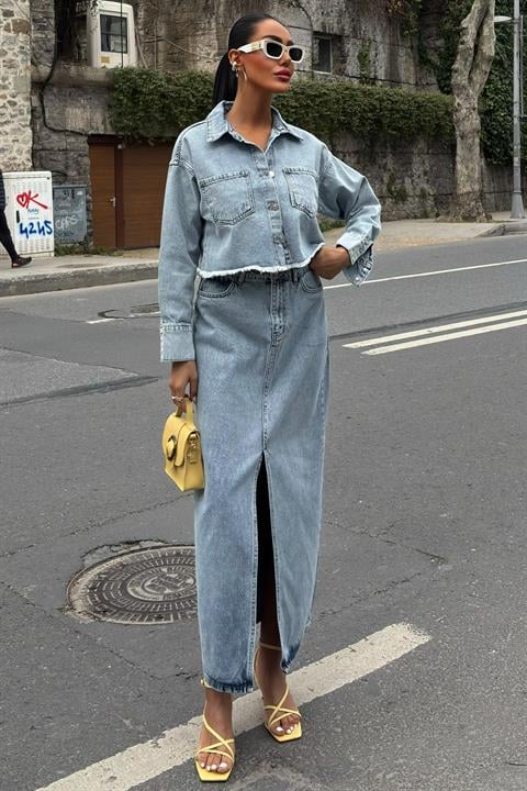 Veronika Yırtmaçlı Denim Takım 9913 AÇIK MAVİ L