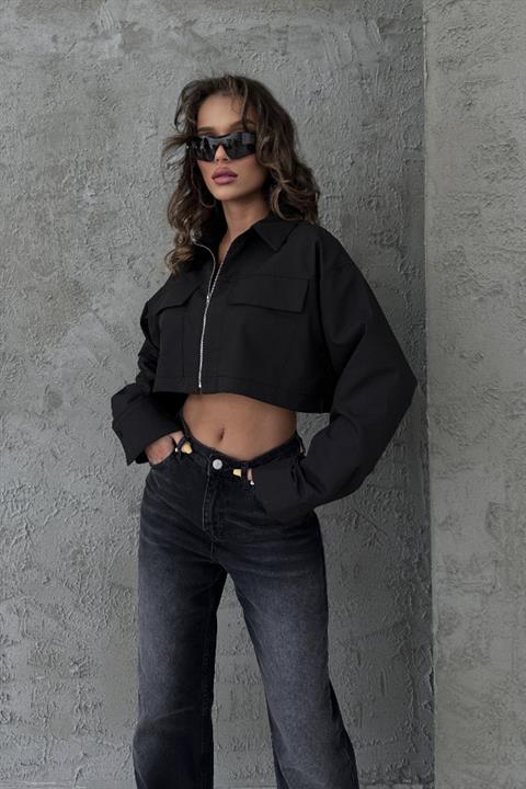 Violet Fermuarlı Crop Gömlek 3291-08 SİYAH L