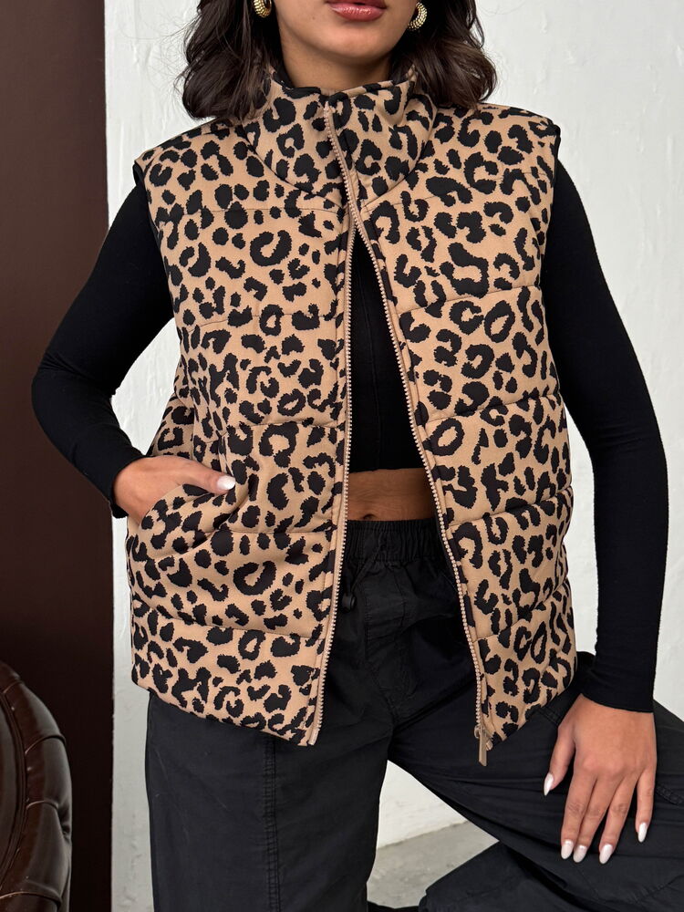 Topshow Vizon Siyah Leopar Desenli Kapitone Yelek