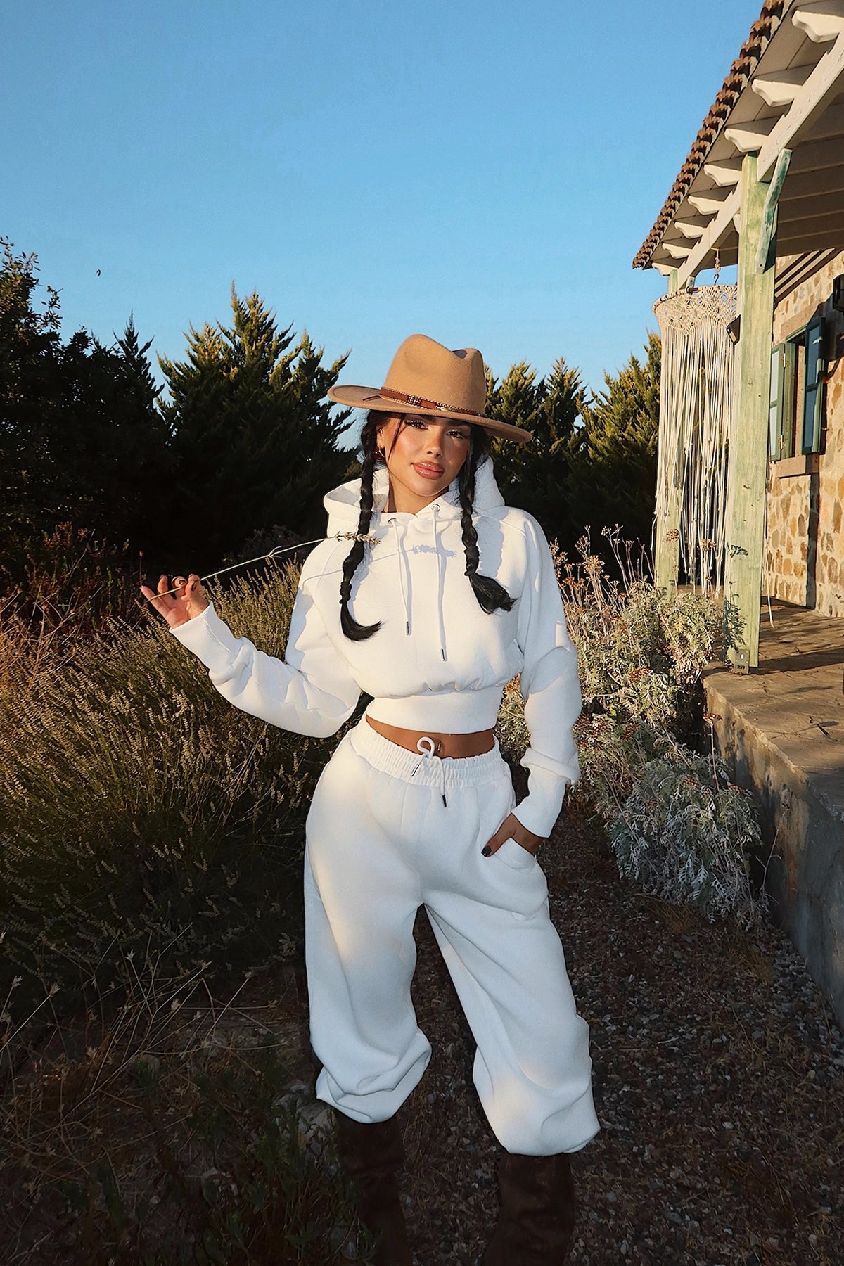 White Scarf Hooded Tracksuit Set