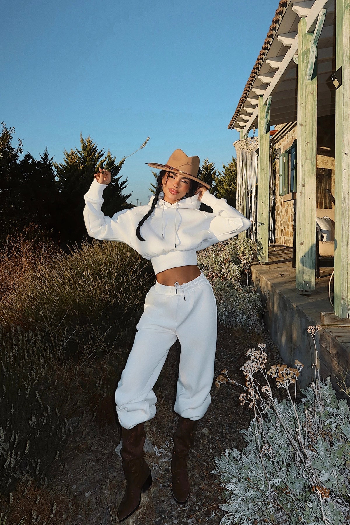 White Scarf Hooded Tracksuit Set