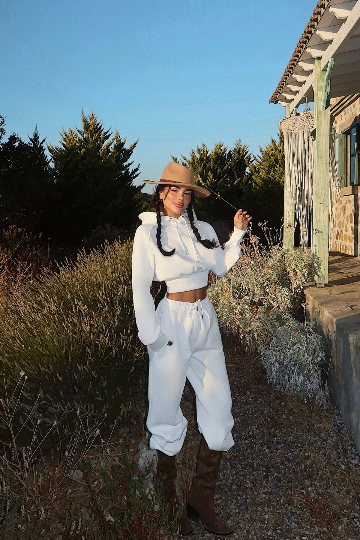 White Scarf Hooded Tracksuit Set