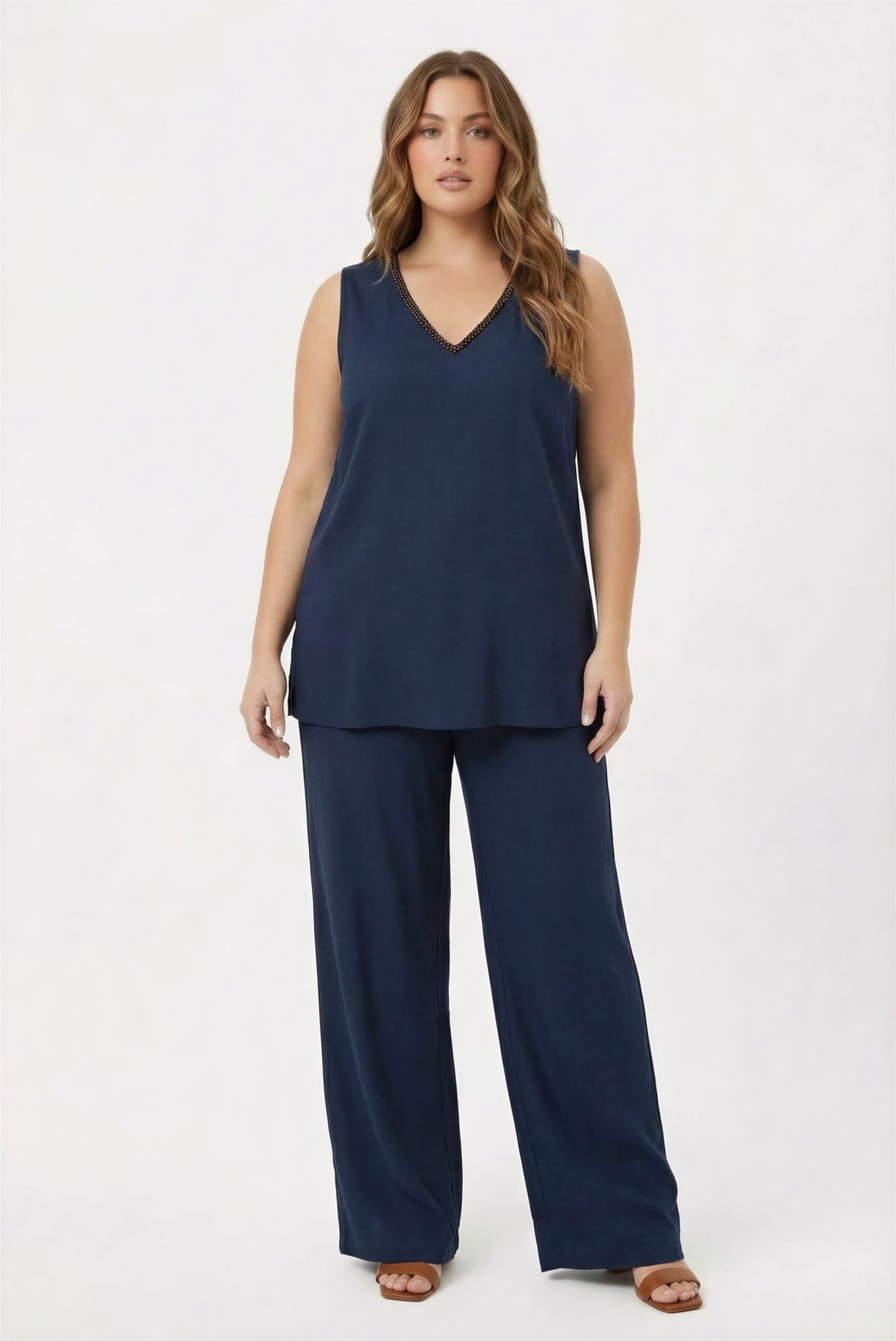Women's Plus Size Blouse and Pants Set with Collar Bead Detail, Navy Blue