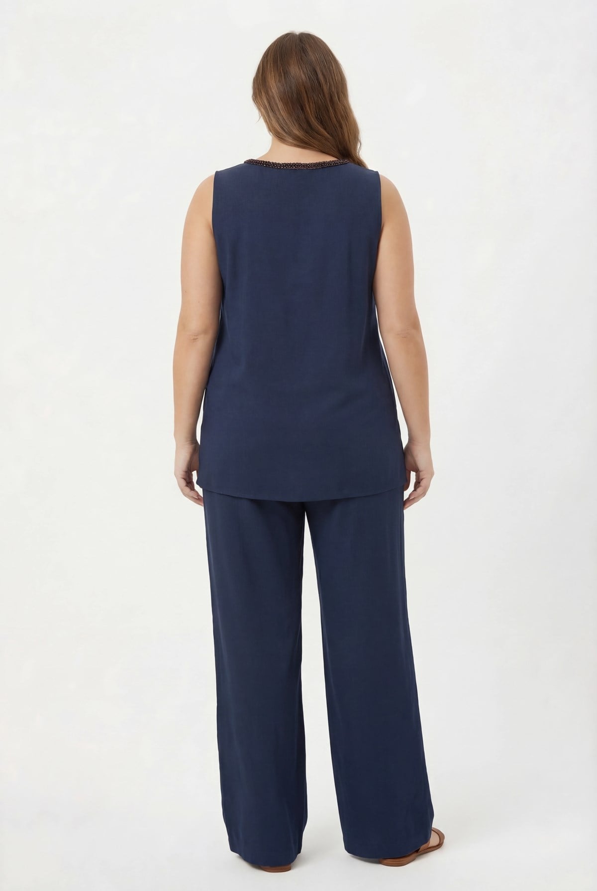 Women's Plus Size Blouse and Pants Set with Collar Bead Detail, Navy Blue